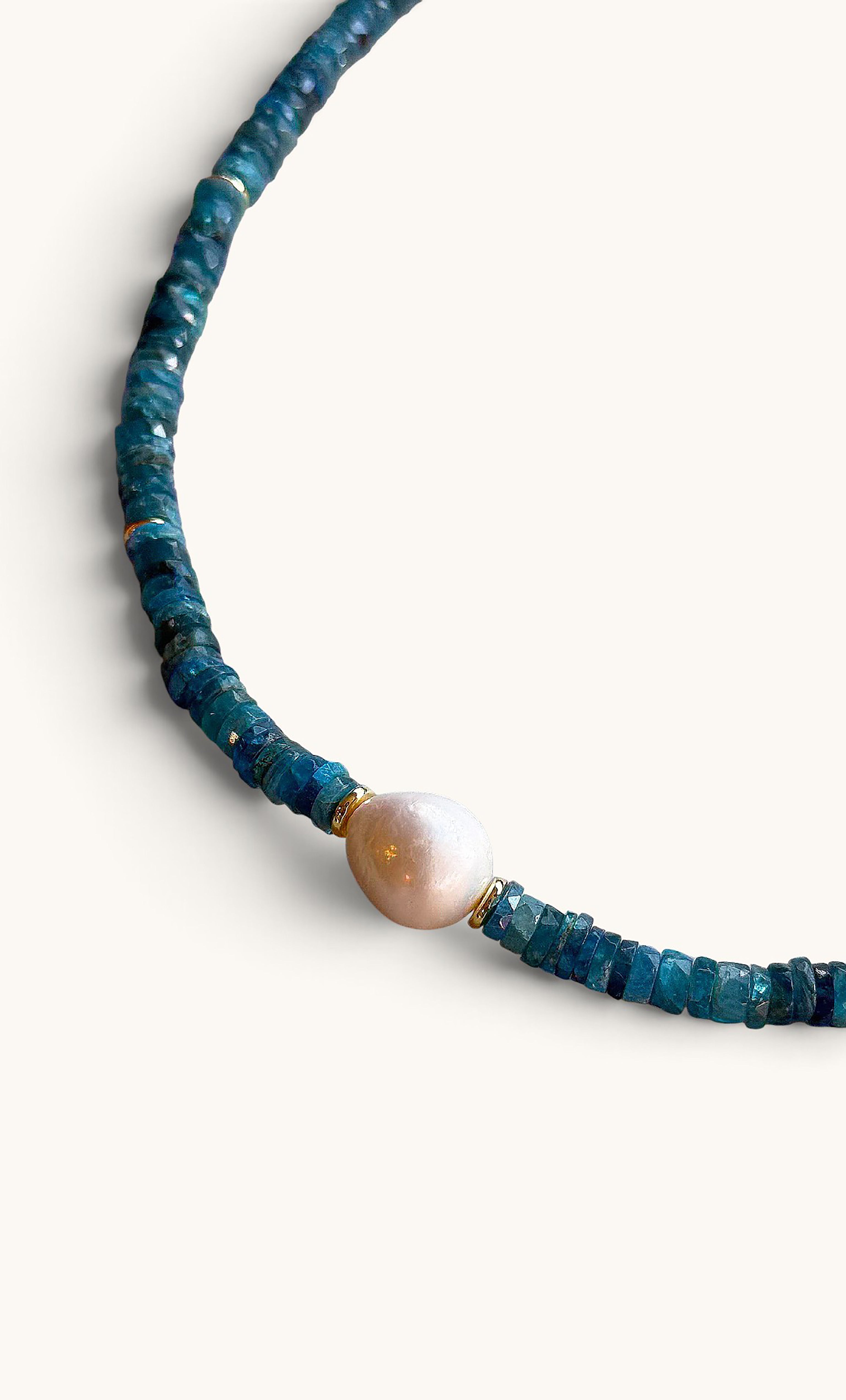 One Off LIMITED EDITION | The Tunik Spellbound Natural Neon Teal Apatite Heishi Bead Necklace with Baroque Pearl