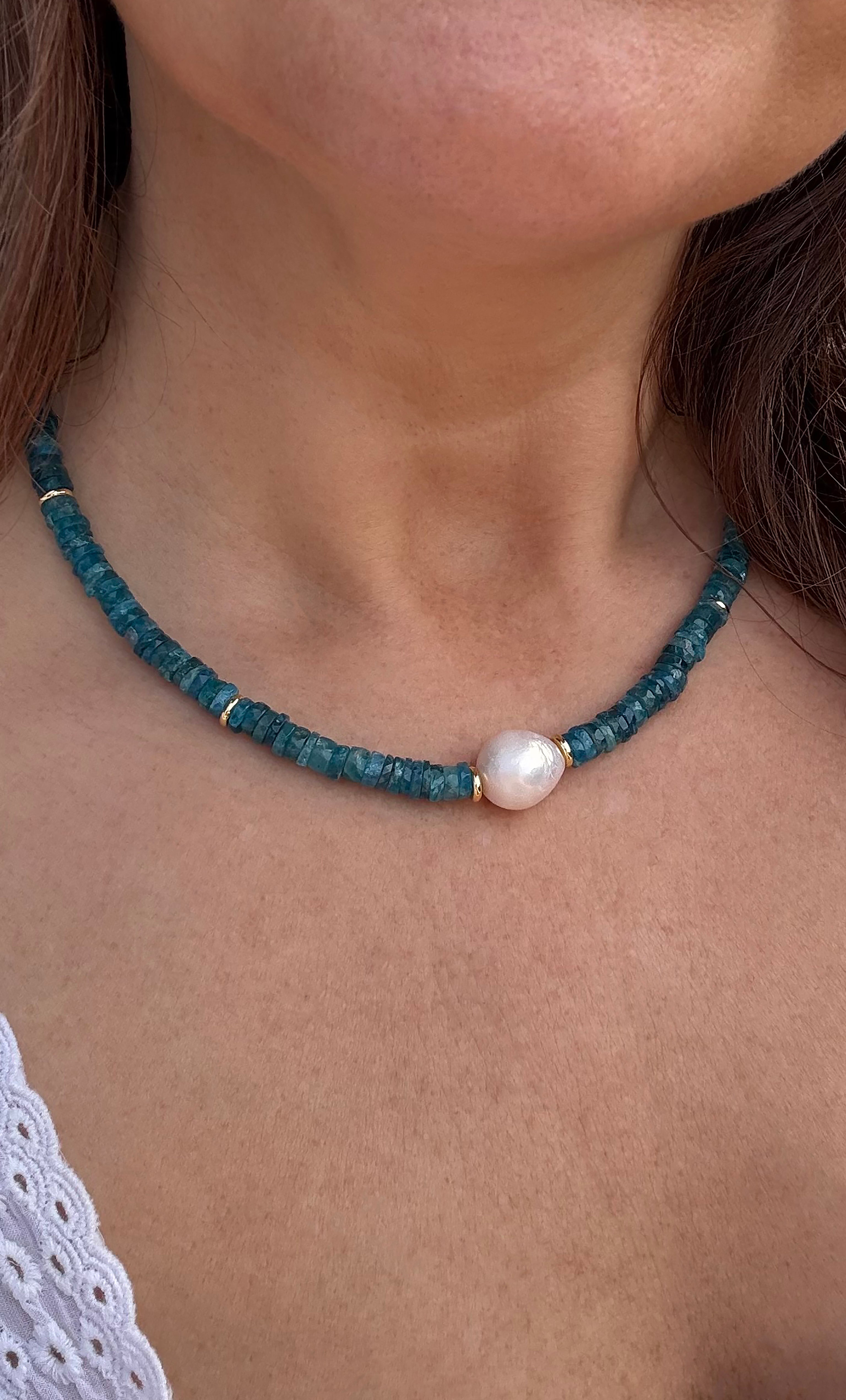 One Off LIMITED EDITION | The Tunik Spellbound Natural Neon Teal Apatite Heishi Bead Necklace with Baroque Pearl