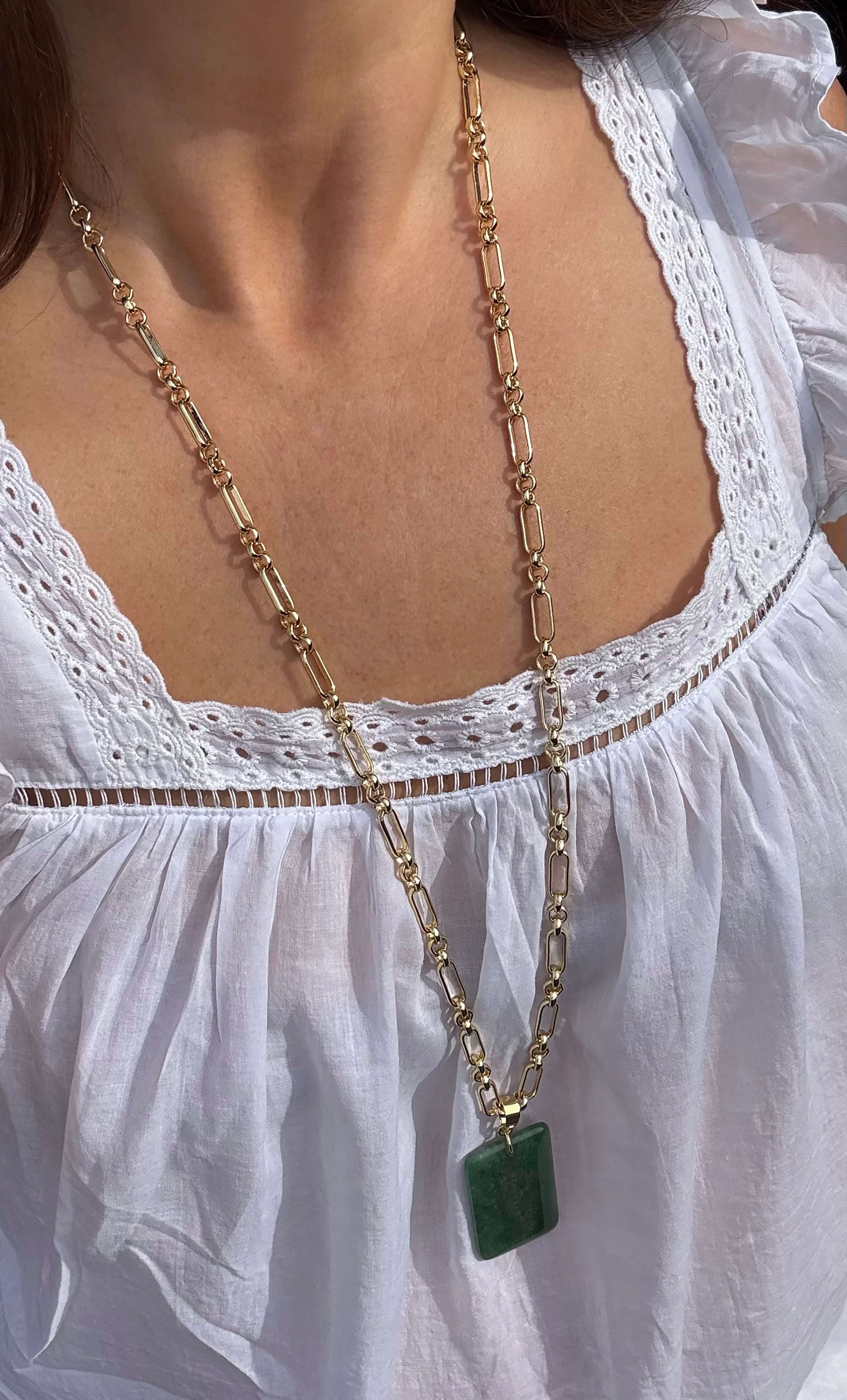 The Talisman Aventurine Semi Precious Stone Pendant Gold Fill Figaro Chain Longline Necklace | Tunik