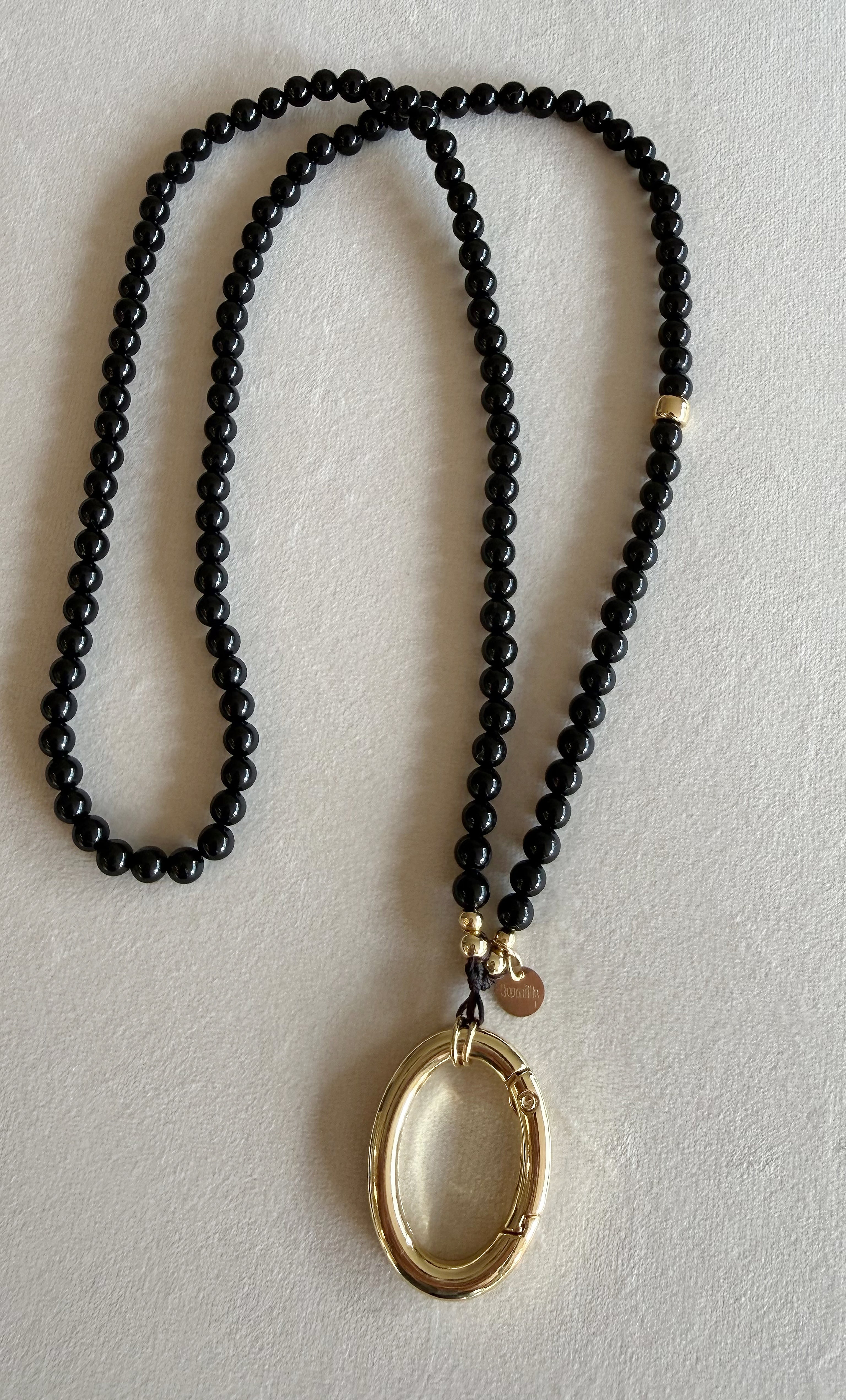 Tunik jewellery gold necklace with black agate stone beads and 14K gold fill pendant.