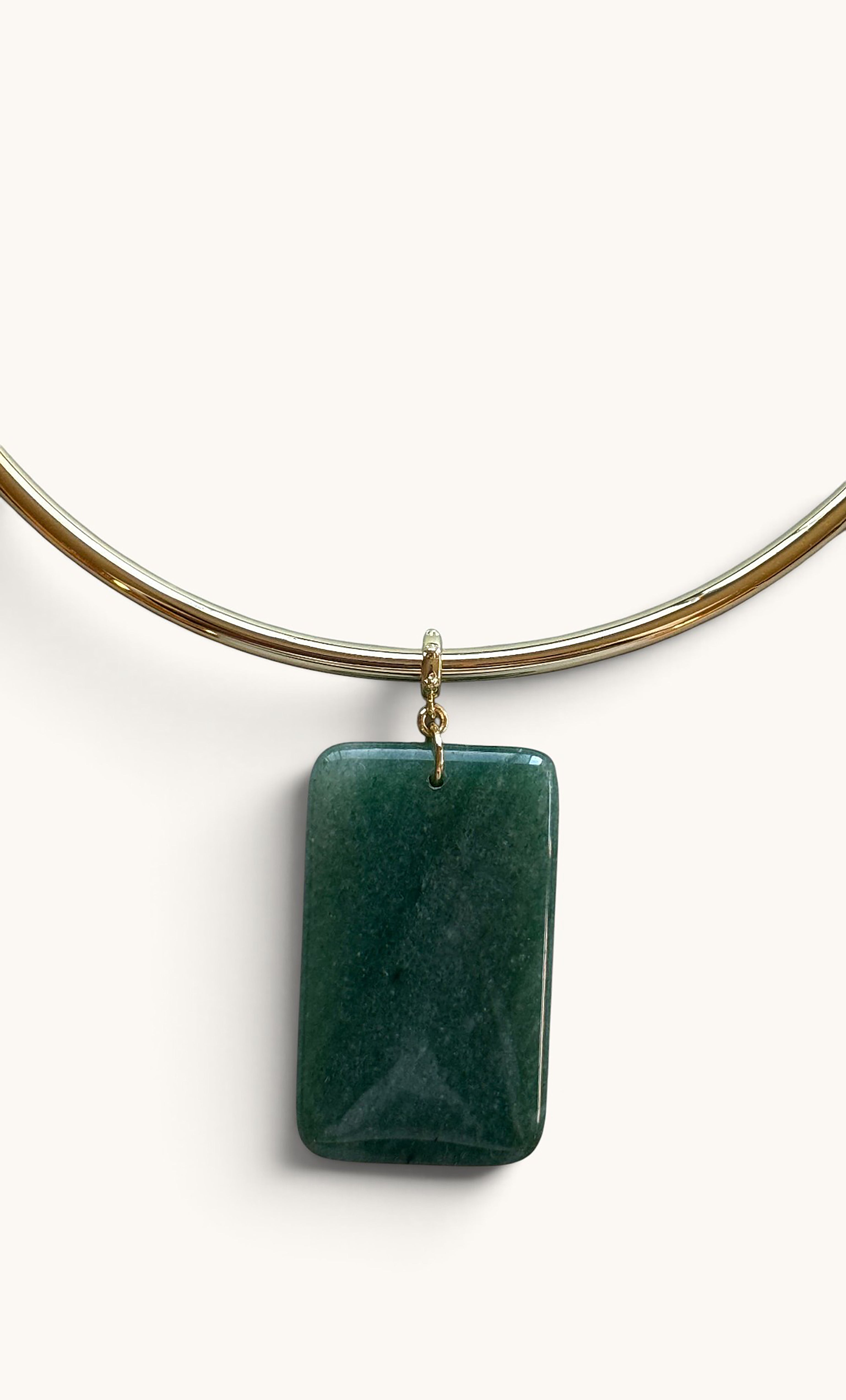 Gold fill collar necklace with rectangular deep green aventurine pendant from Tunik.