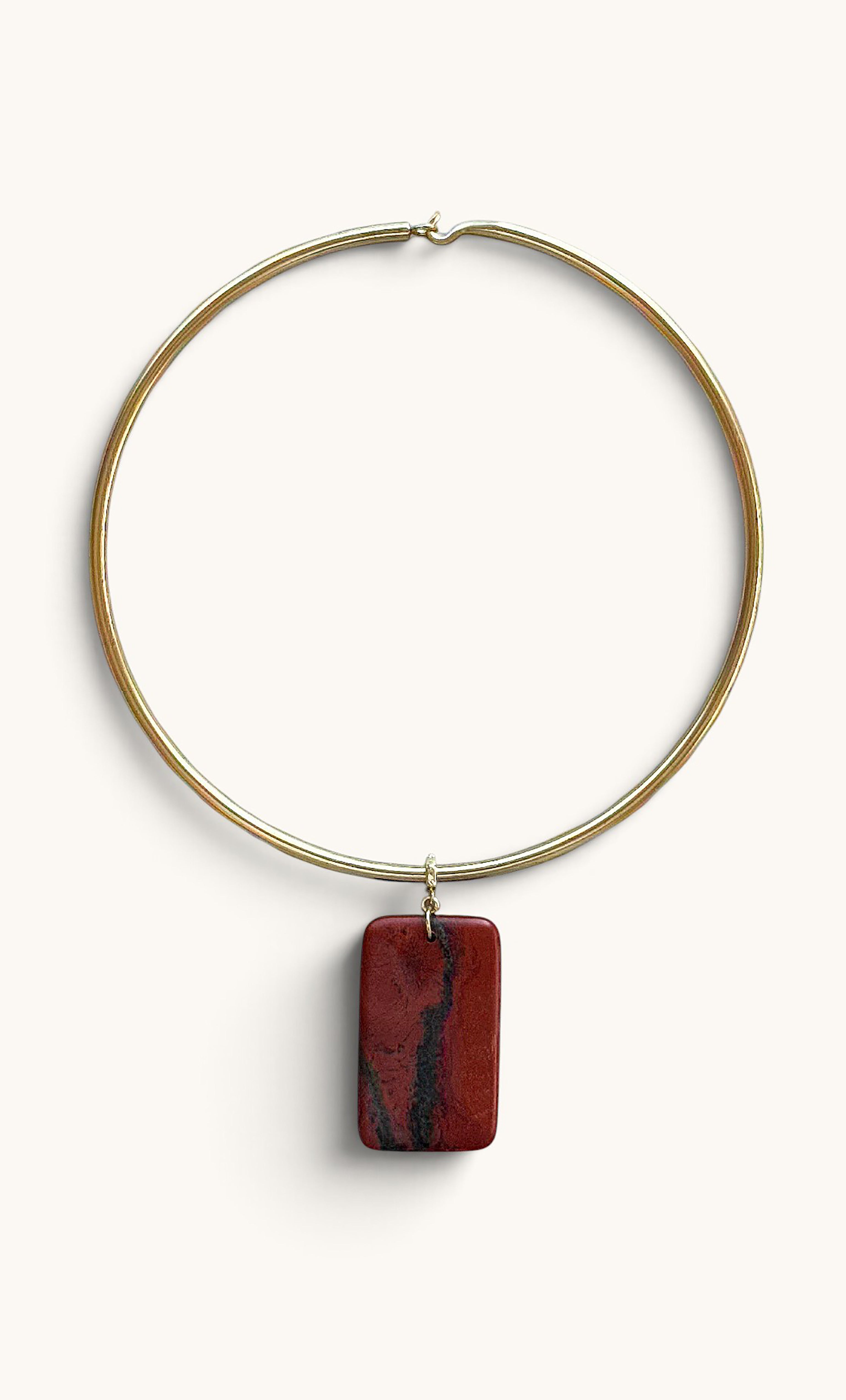 Gold fill collar necklace with rectangular deep red jasper pendant on Tunik label design.