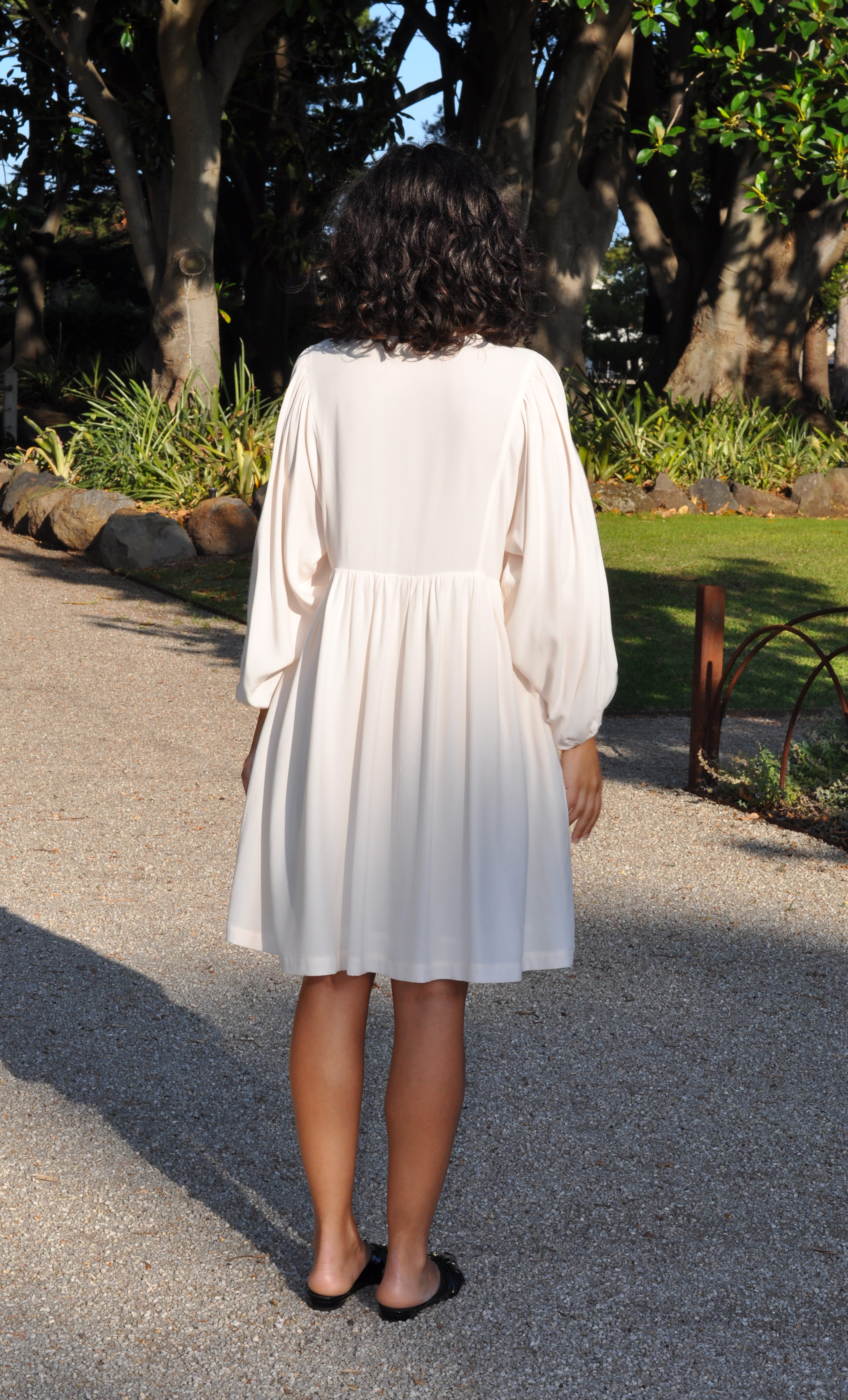 Harper Tencel Mini Dress – Poetic Puff Sleeve Flare in Cream | Tunik Australia