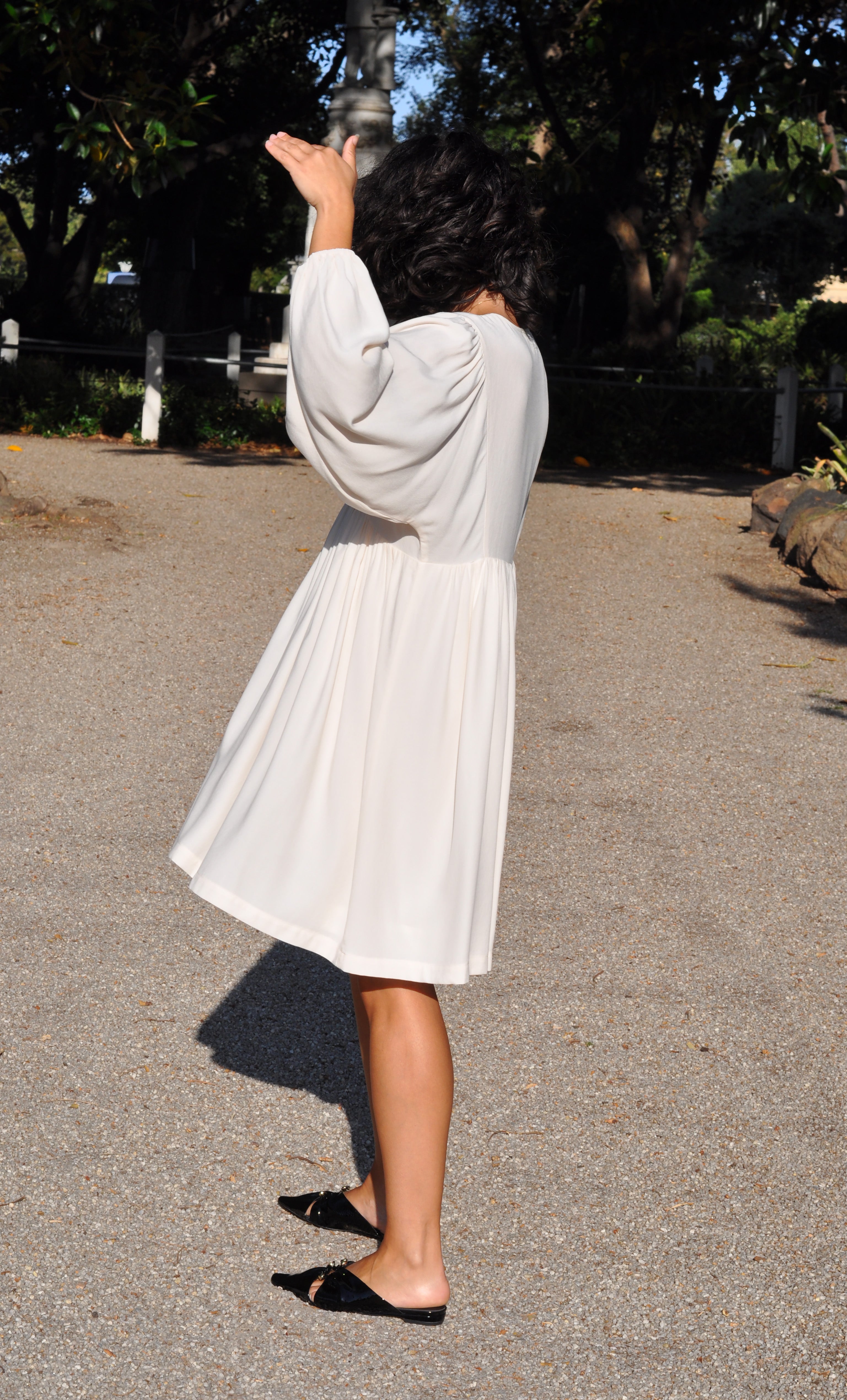 Harper Tencel Mini Dress – Poetic Puff Sleeve Flare in Cream | Tunik Australia