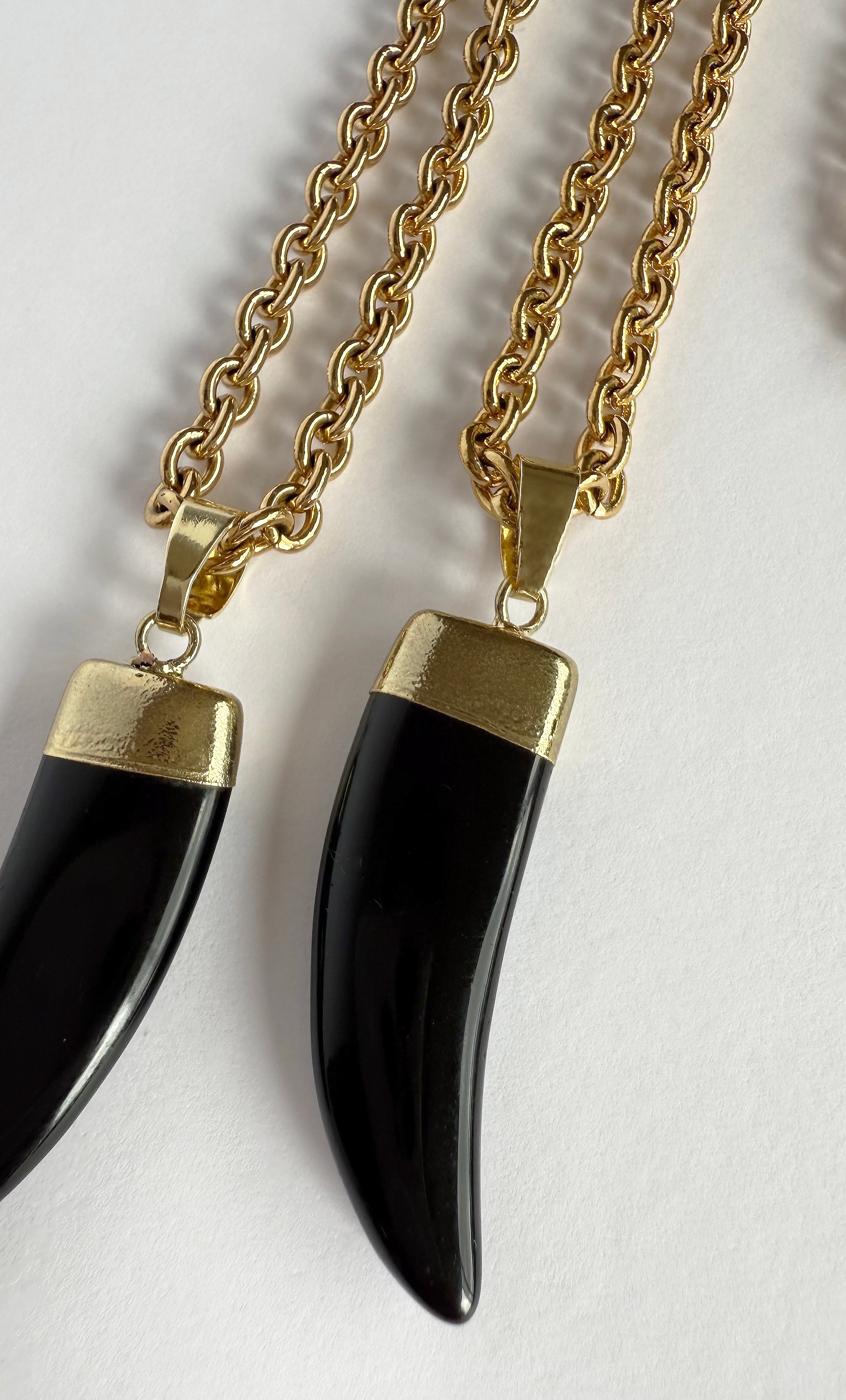 Tunik gold fill necklace with carved black agate horn pendant, long and short chain options, jewellery gifts.