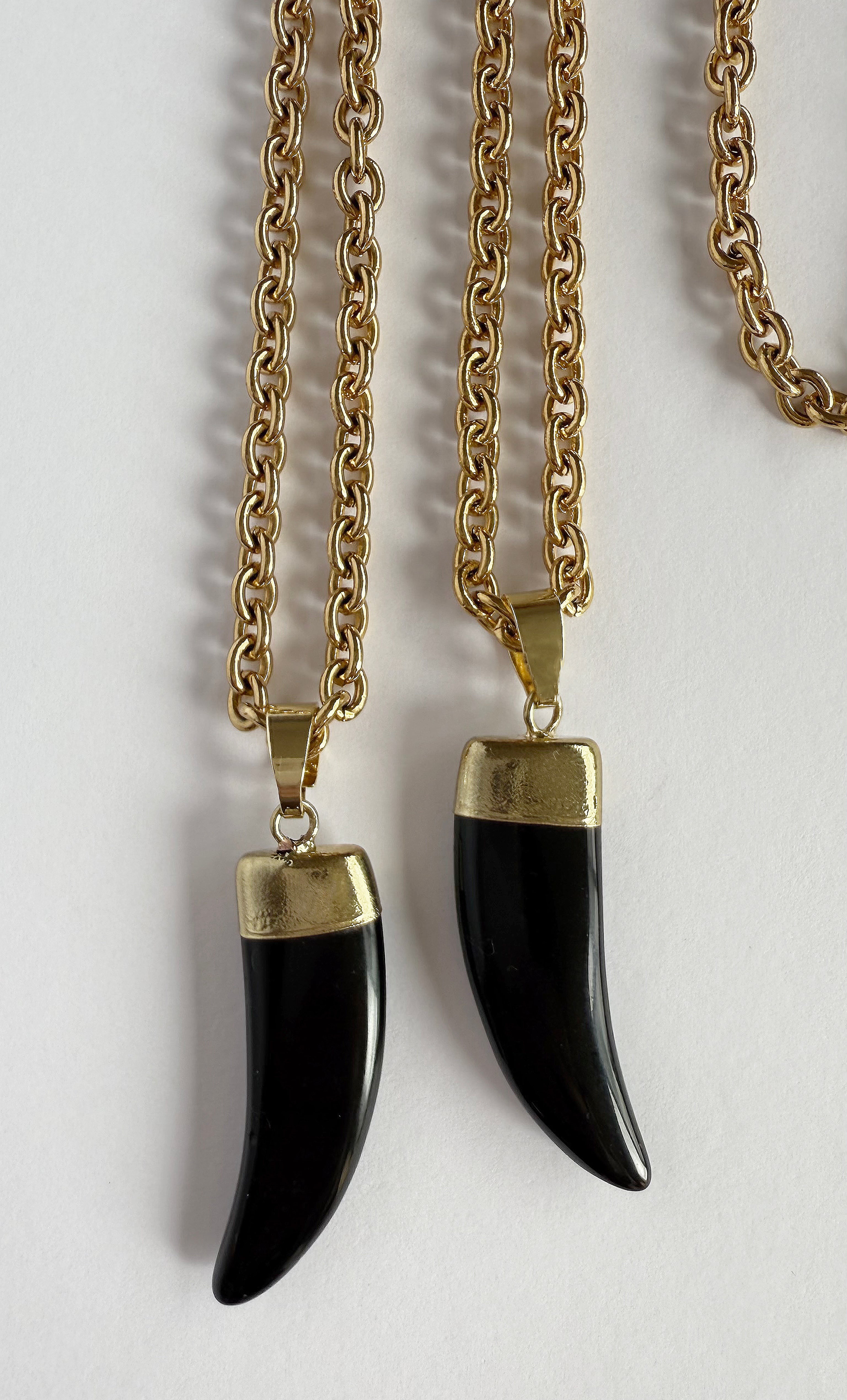 Tunik gold fill necklace with carved black agate horn pendant, available in long and short lengths, elegant jewellery gift.