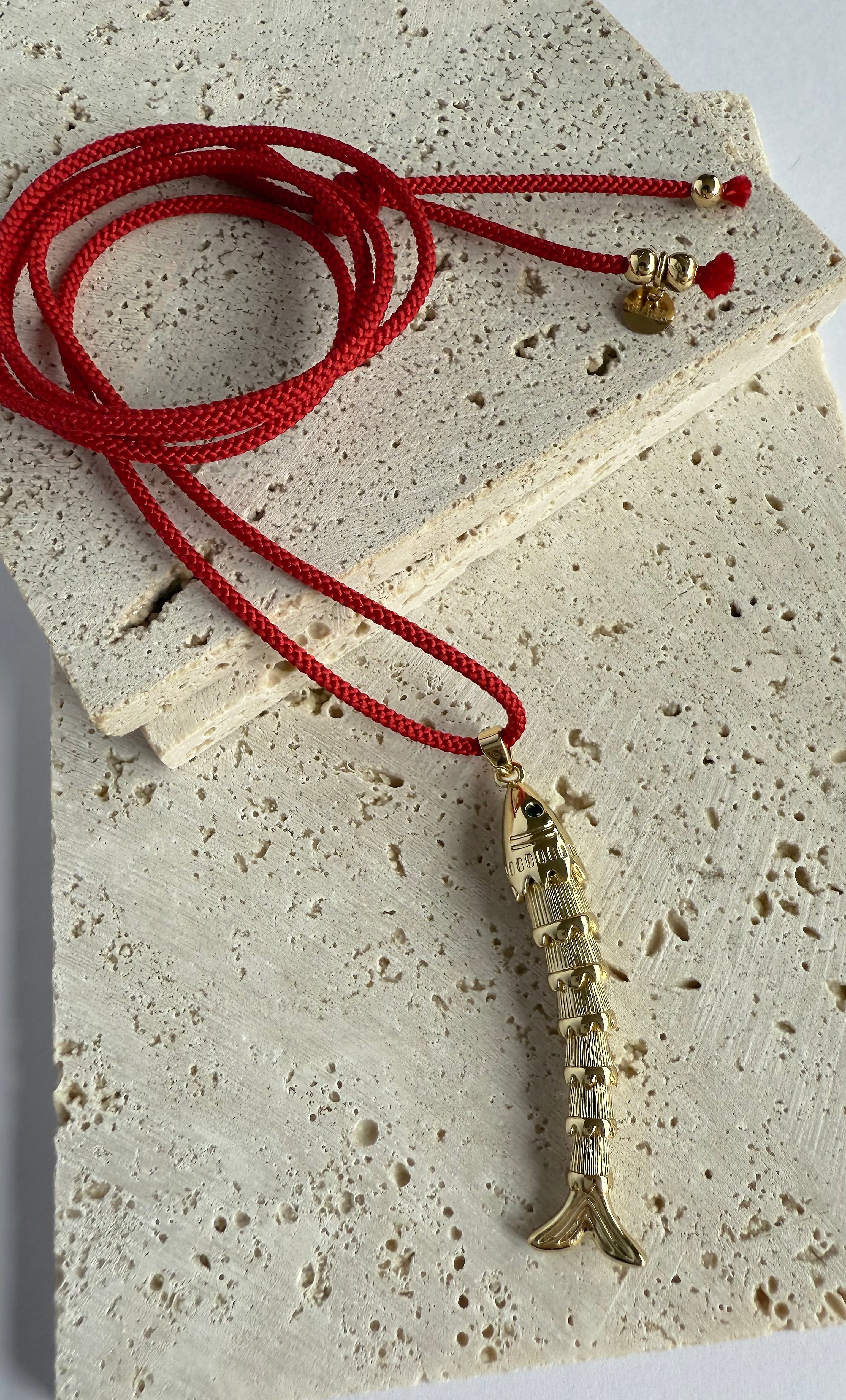 Gold fill koi fish pendant on long red Japanese cord necklace by Tunik the label, jewellery gift idea.
