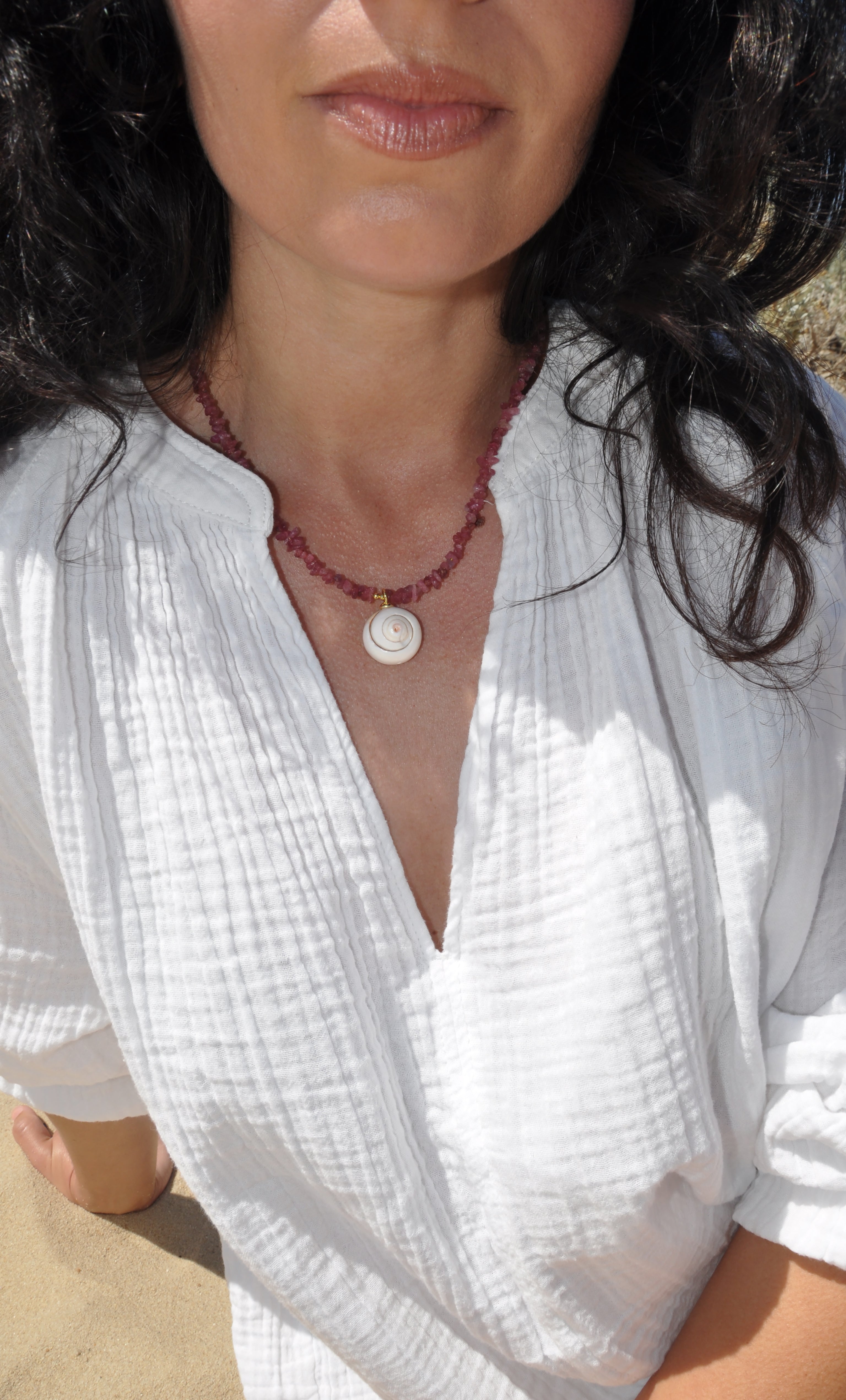 Shell Charm Pink Tourmaline Stone Hand Beaded Necklace | Tunik