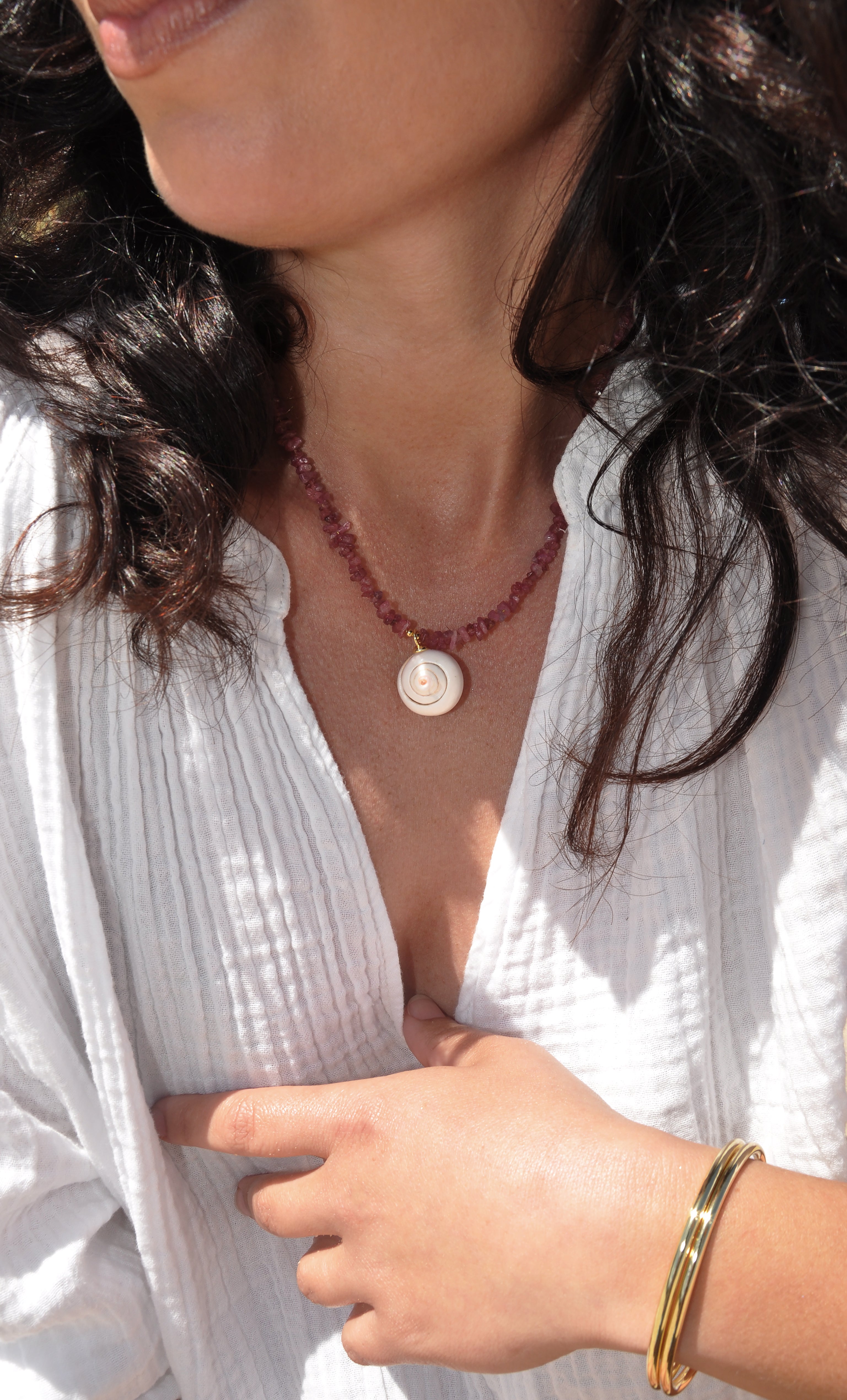 Shell Charm Pink Tourmaline Stone Hand Beaded Necklace | Tunik