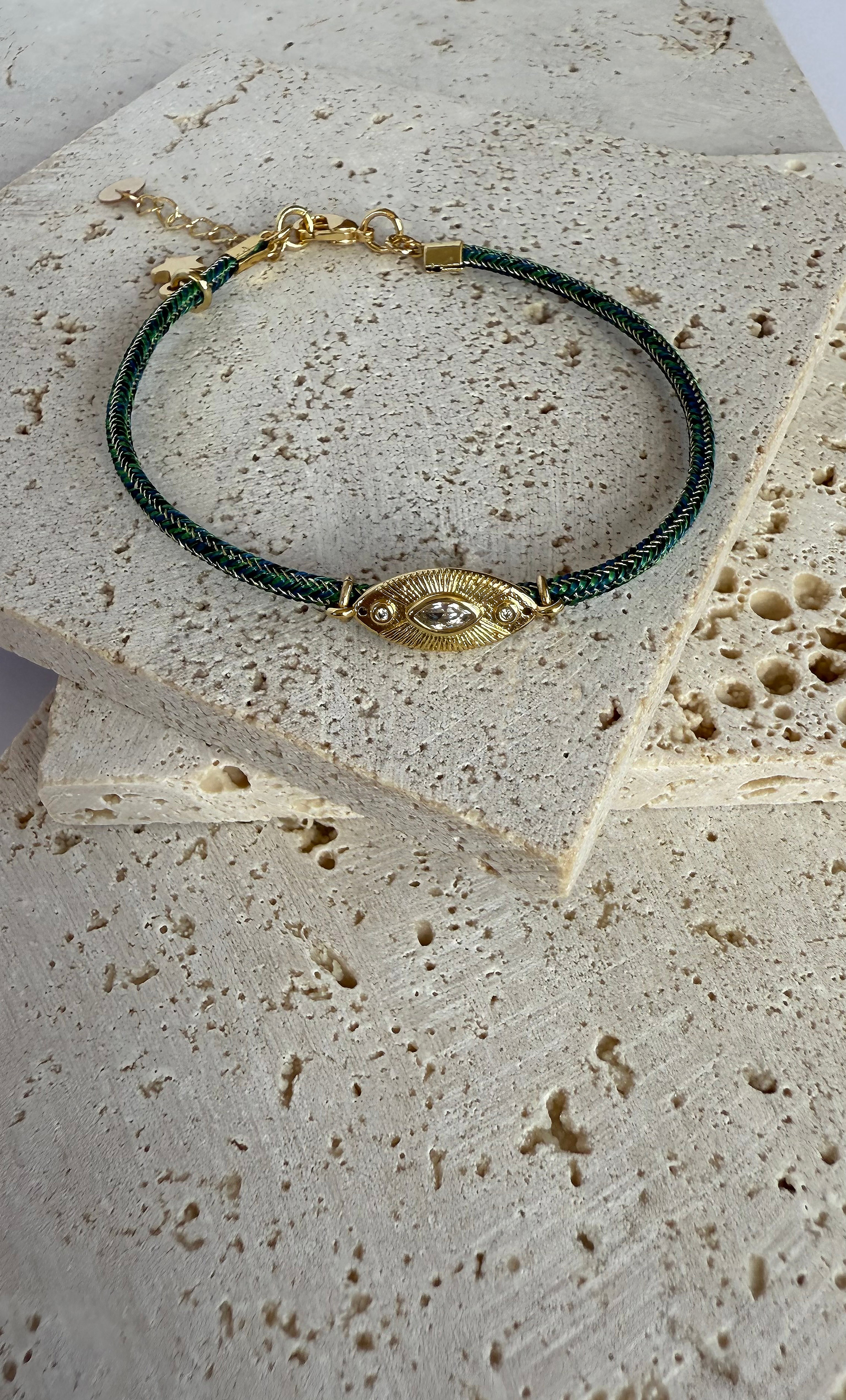 Solstice 24K Gold Fill Charm Lurex Green Cord Bracelet | Tunik