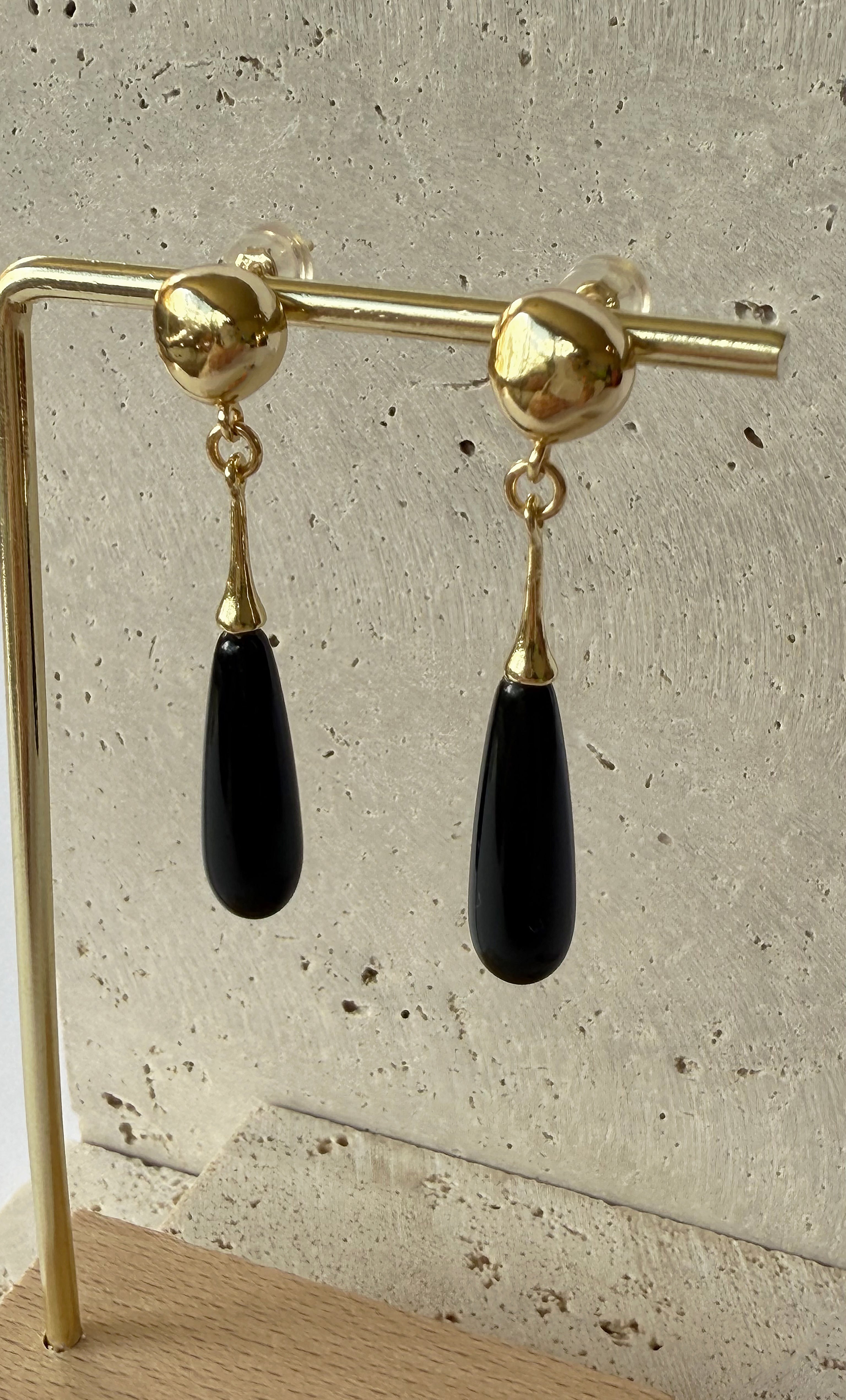 Wanderlight Onyx Precious Stone Drop 24K Gold Fill Stud Earrings | Tunik
