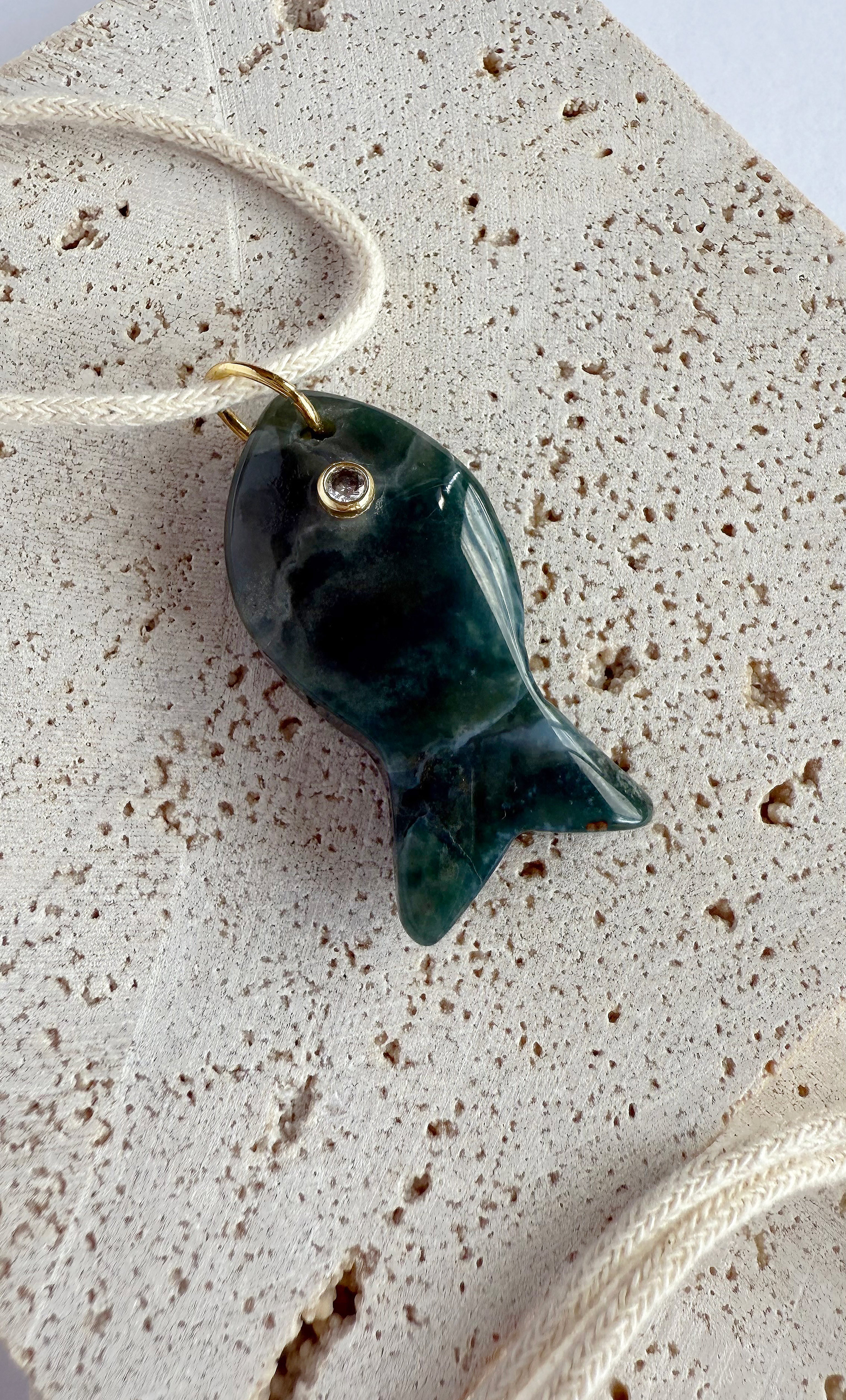 Wanderlust green apatite carved stone fish pendant on gold fill necklace by Tunik the label, jewellery gifts.
