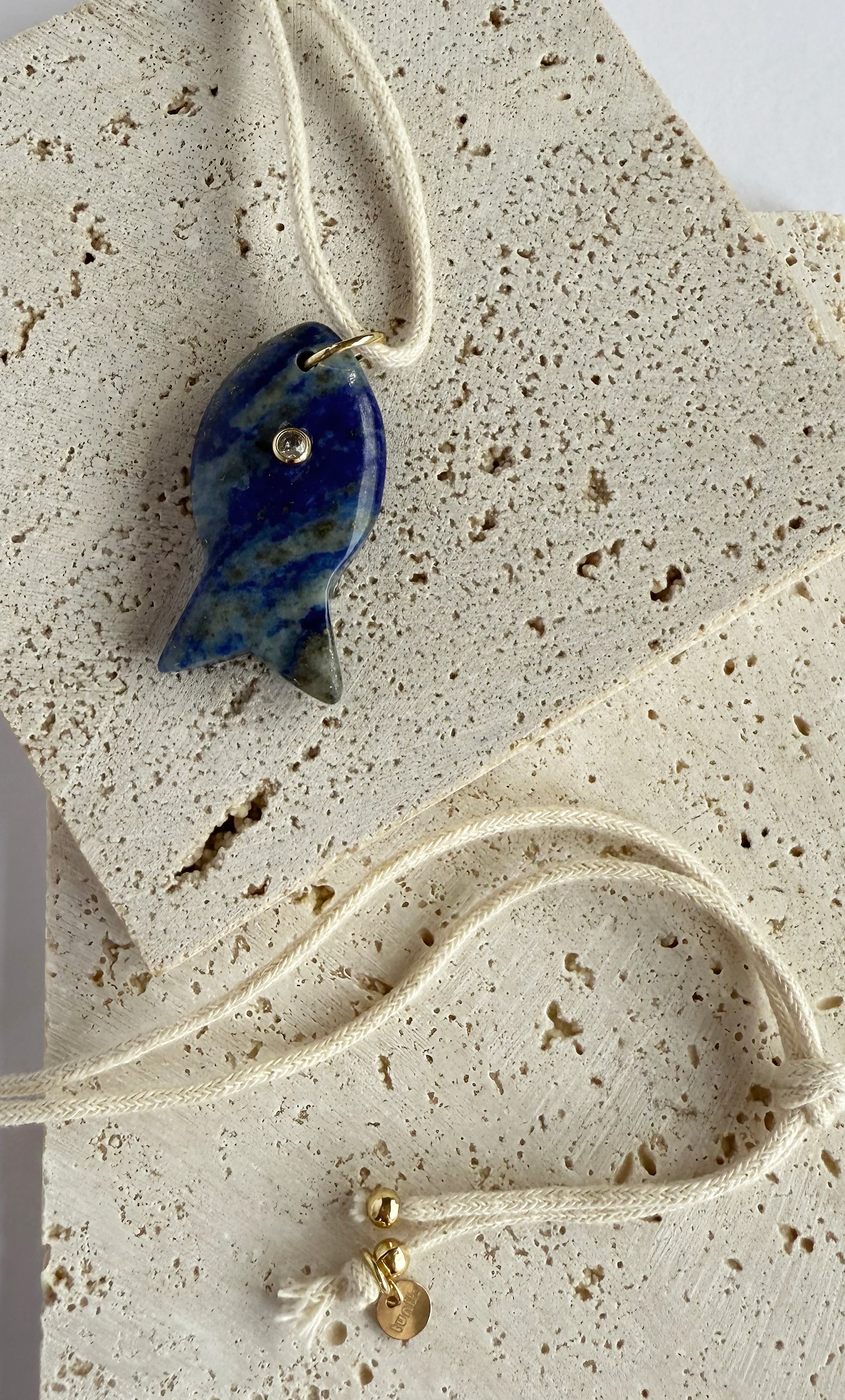 Tunik gold fill necklace with carved lapis lazuli fish pendant, elegant jewellery gift.