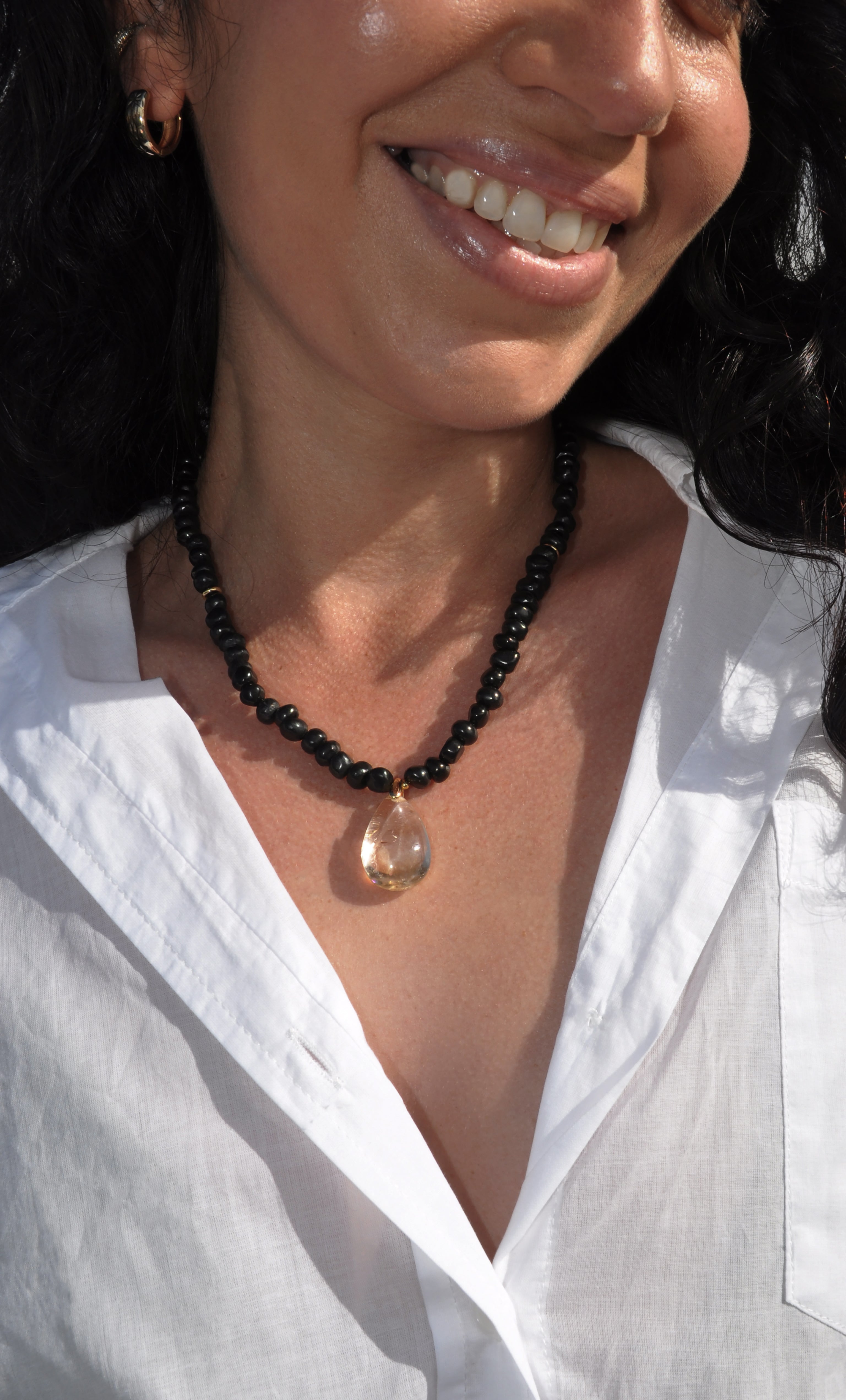 Nomade Amulet Natural Shungite Pebble Bead Necklace with Citrine Pendant Handmade | Tunik