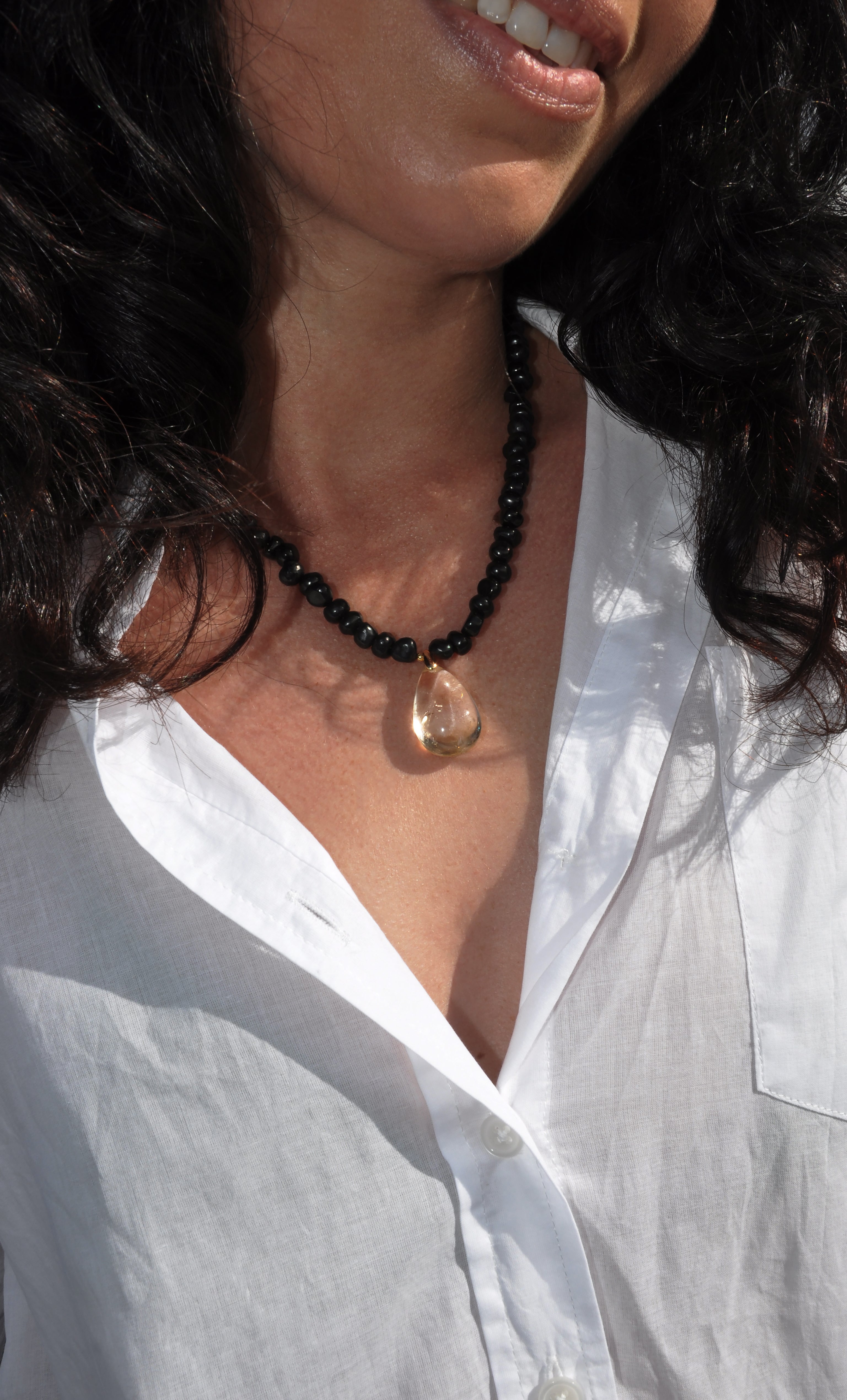 Nomade Amulet Natural Shungite Pebble Bead Necklace with Citrine Pendant Handmade | Tunik