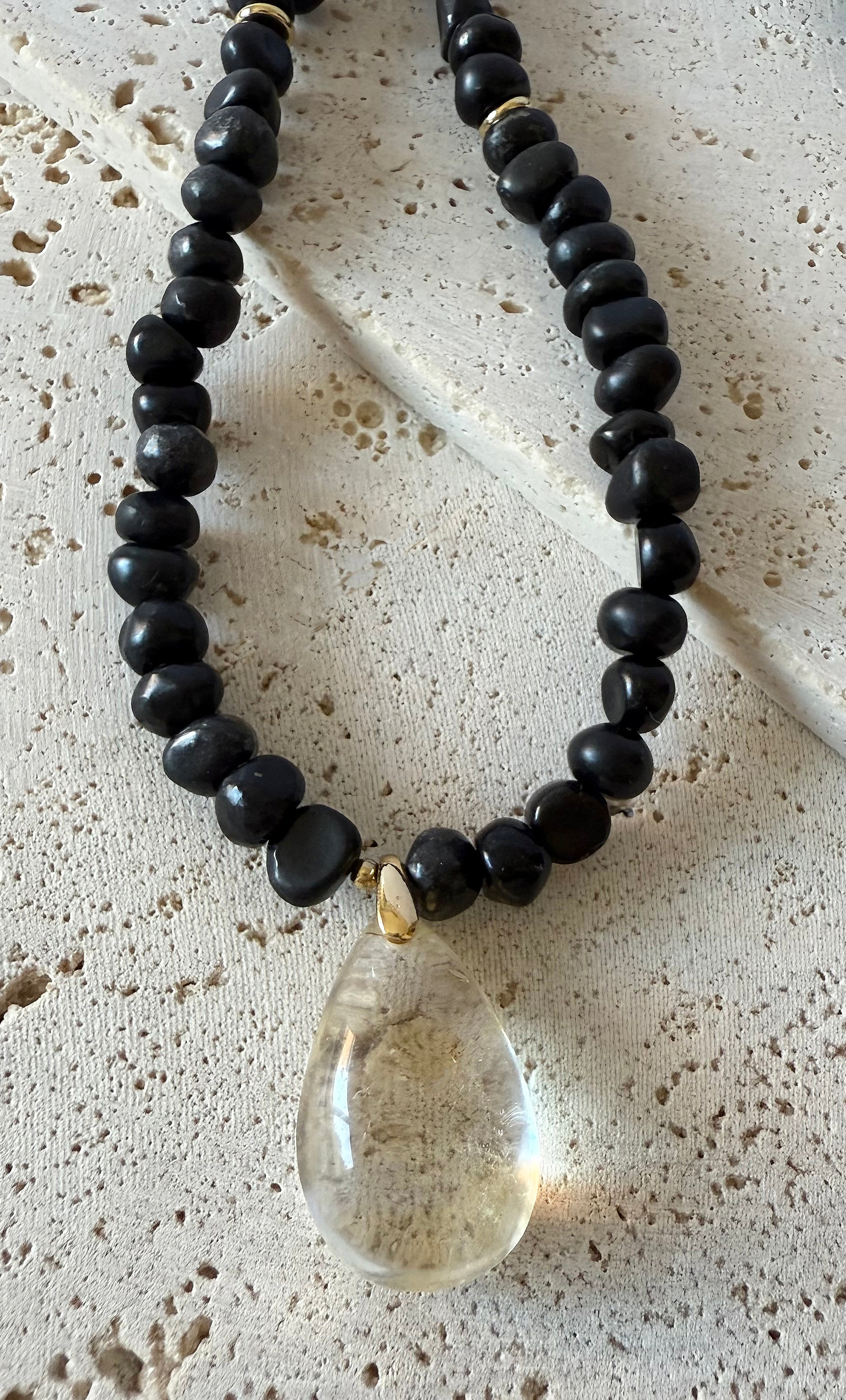 Nomade Amulet Natural Shungite Pebble Bead Necklace with Citrine Pendant Handmade | Tunik