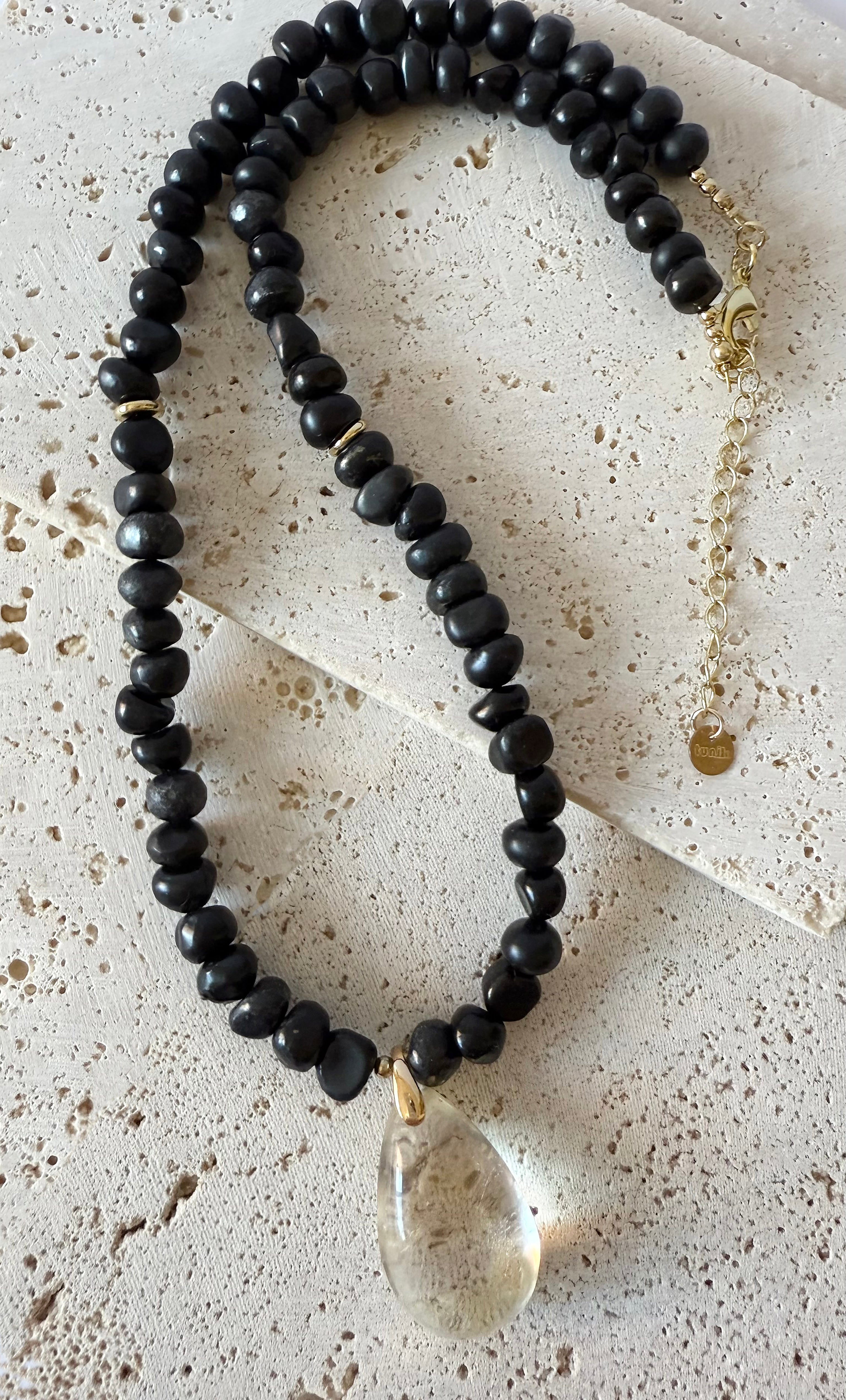 Nomade Amulet Natural Shungite Pebble Bead Necklace with Citrine Pendant Handmade | Tunik