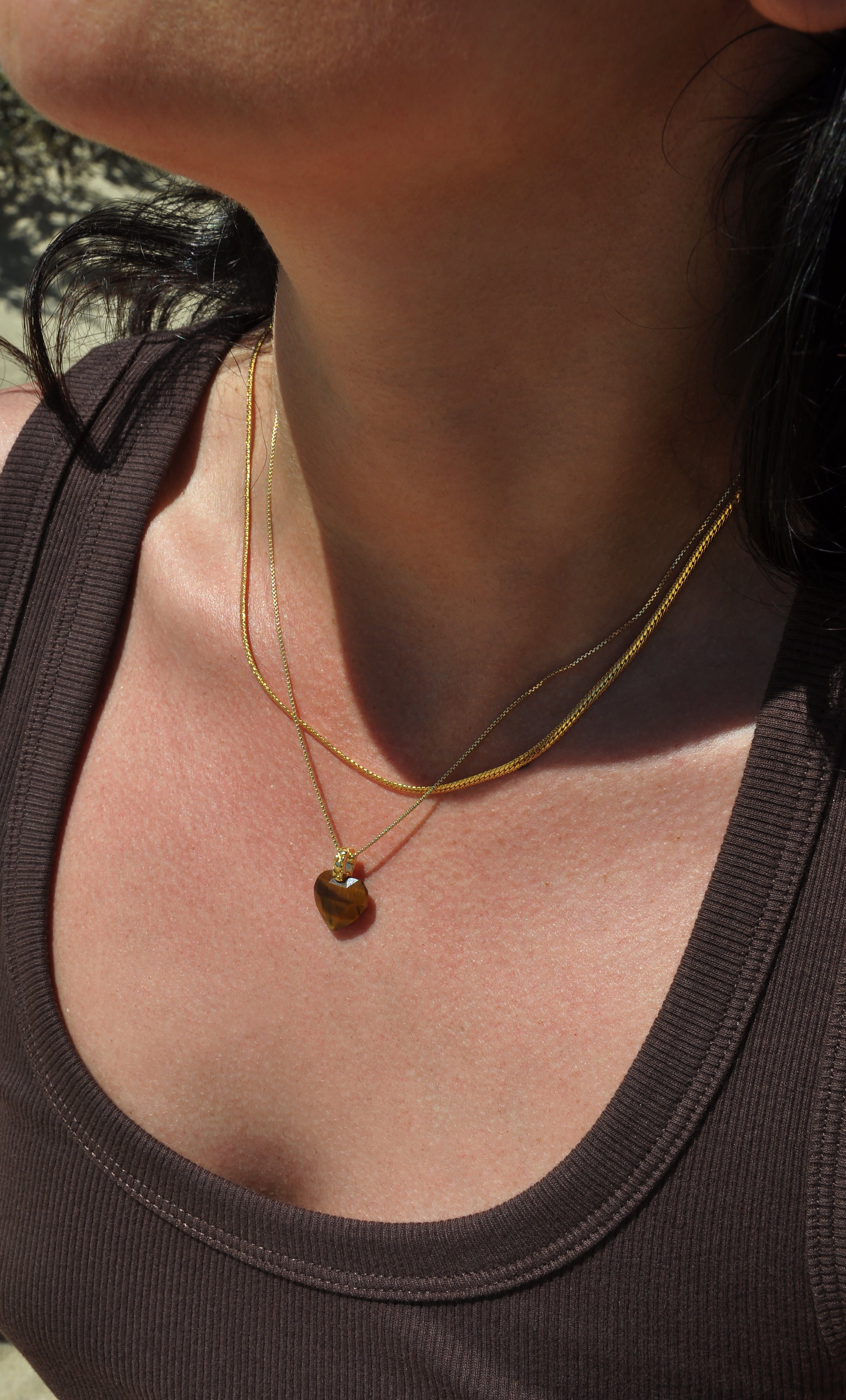 Carved Heart Tigers Eye Stone Pendant Necklace 18K Gold Fill | Tunik