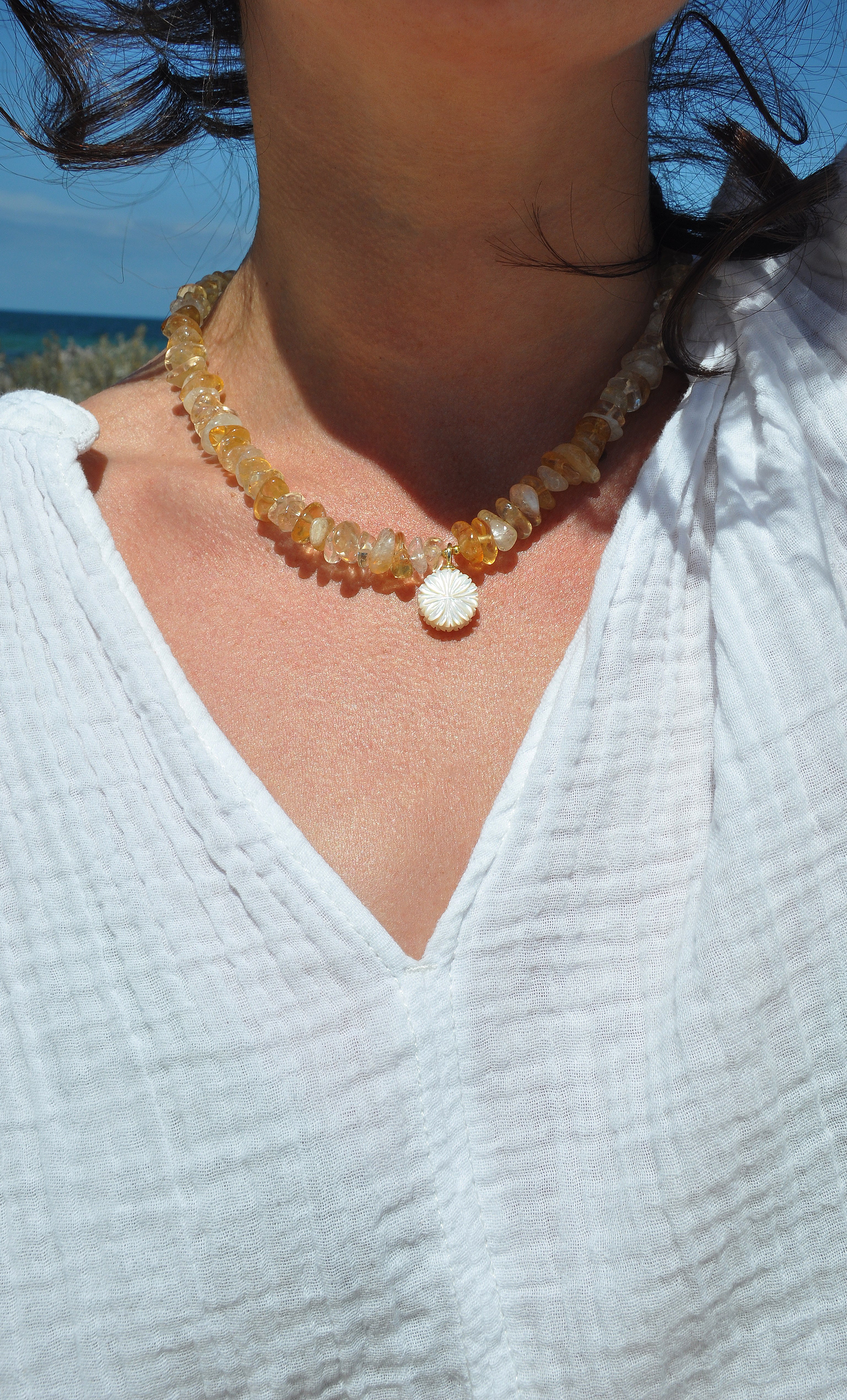 Desert Bloom Yellow Citrine Stone Handmade Necklace with Flower Carved Pendant | Tunik