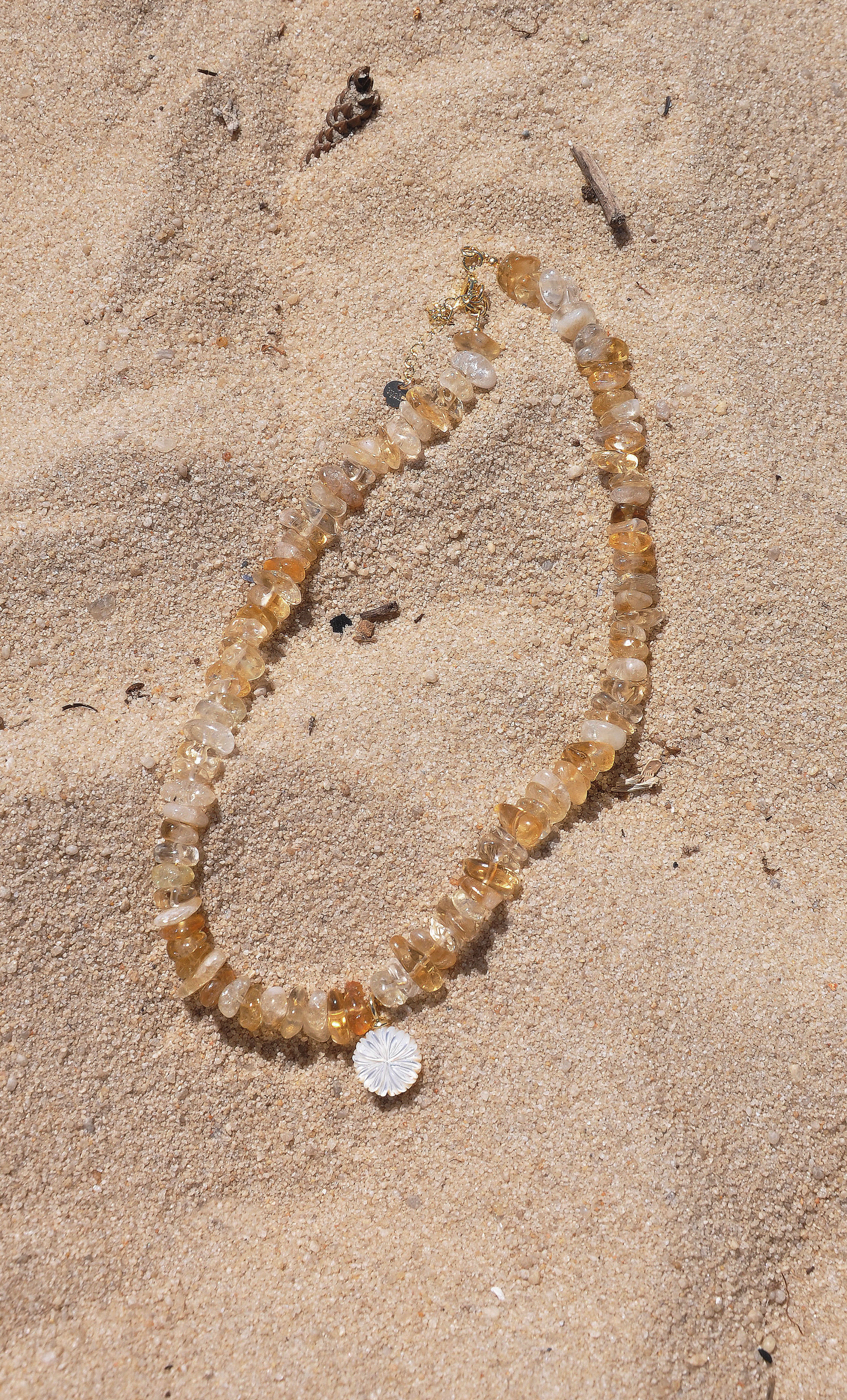 Tunik gold fill necklace with yellow citrine stones and flower carved pendant, jewellery gifts.