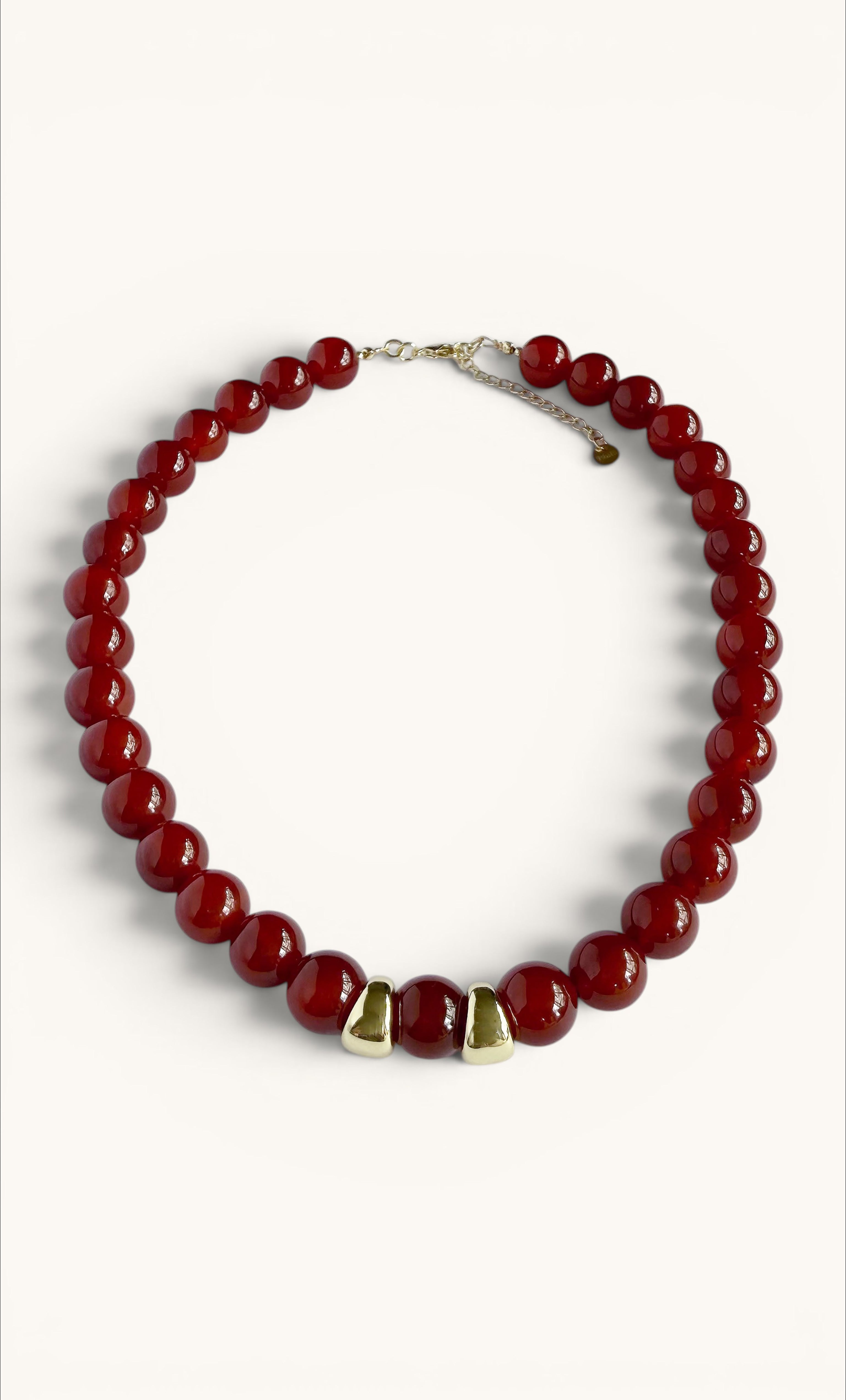 Red carnelian agate round beads with gold-filled clasp and decorative accents necklace.
