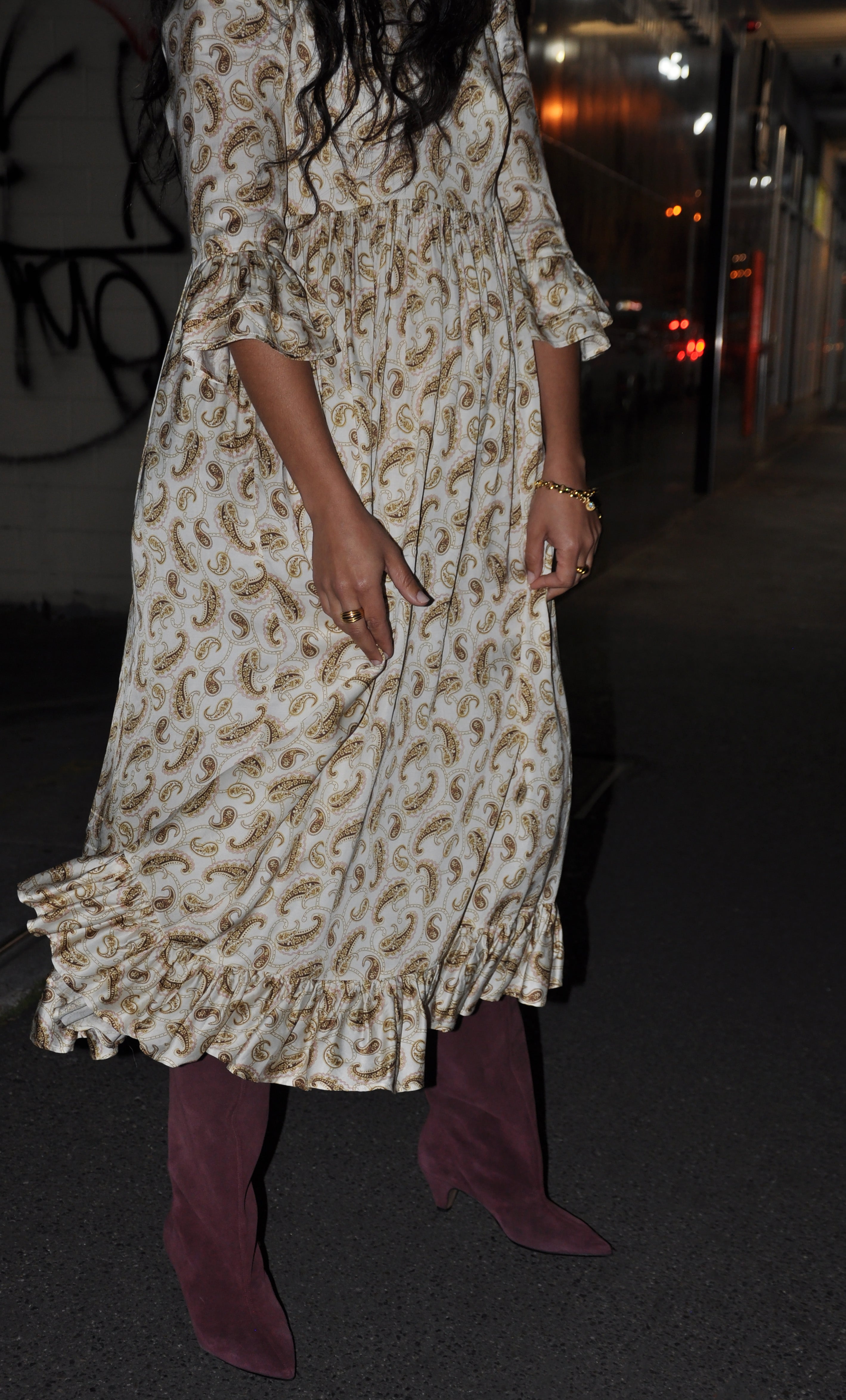 Florence Ruffle Midi Dress by Tunik - Ivory Boteh Paisley Print, Made in Australia