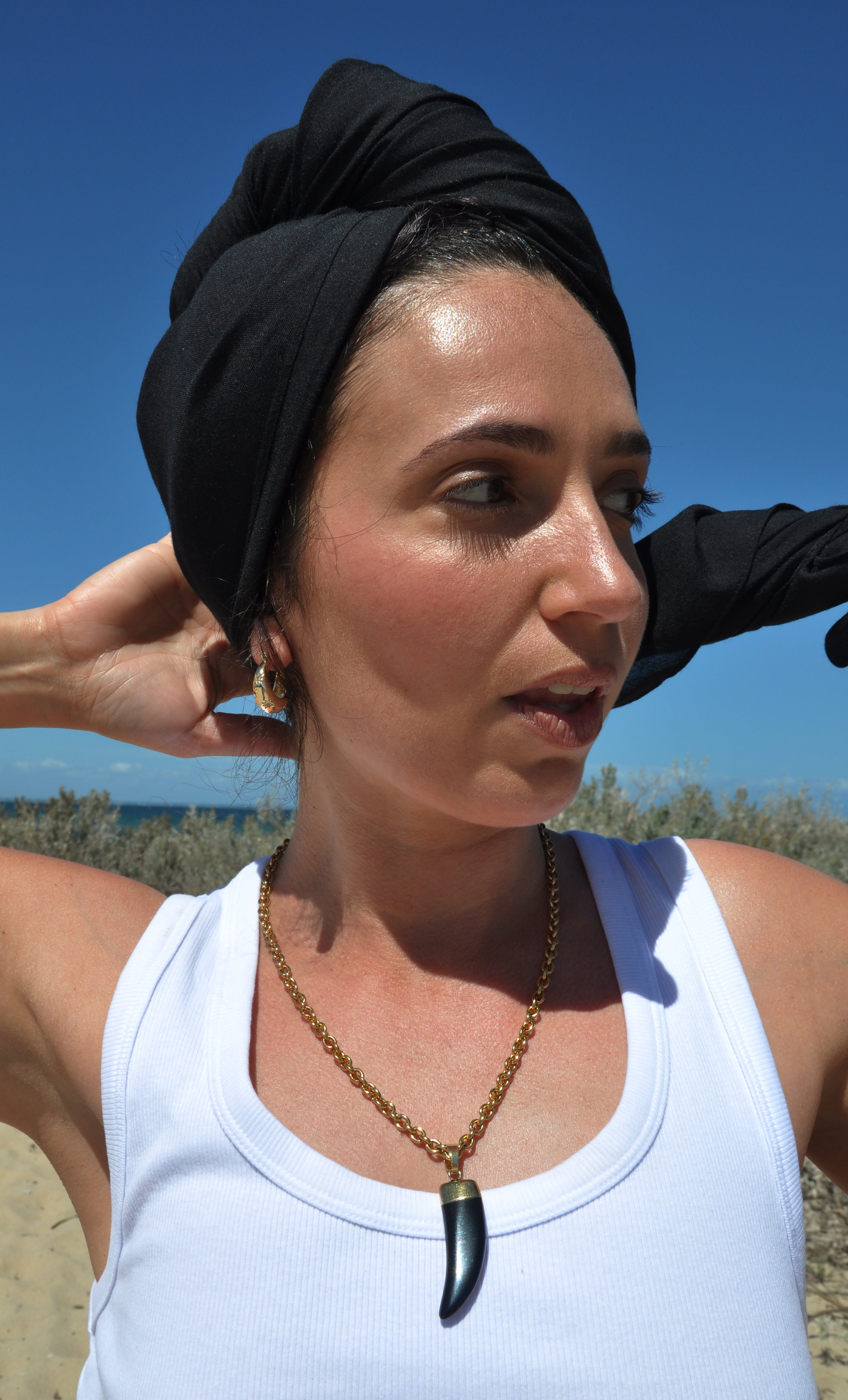 Horn Pendant in Carved Agate Stone 24K Gold Fill Necklace Long and Short Length | Tunik