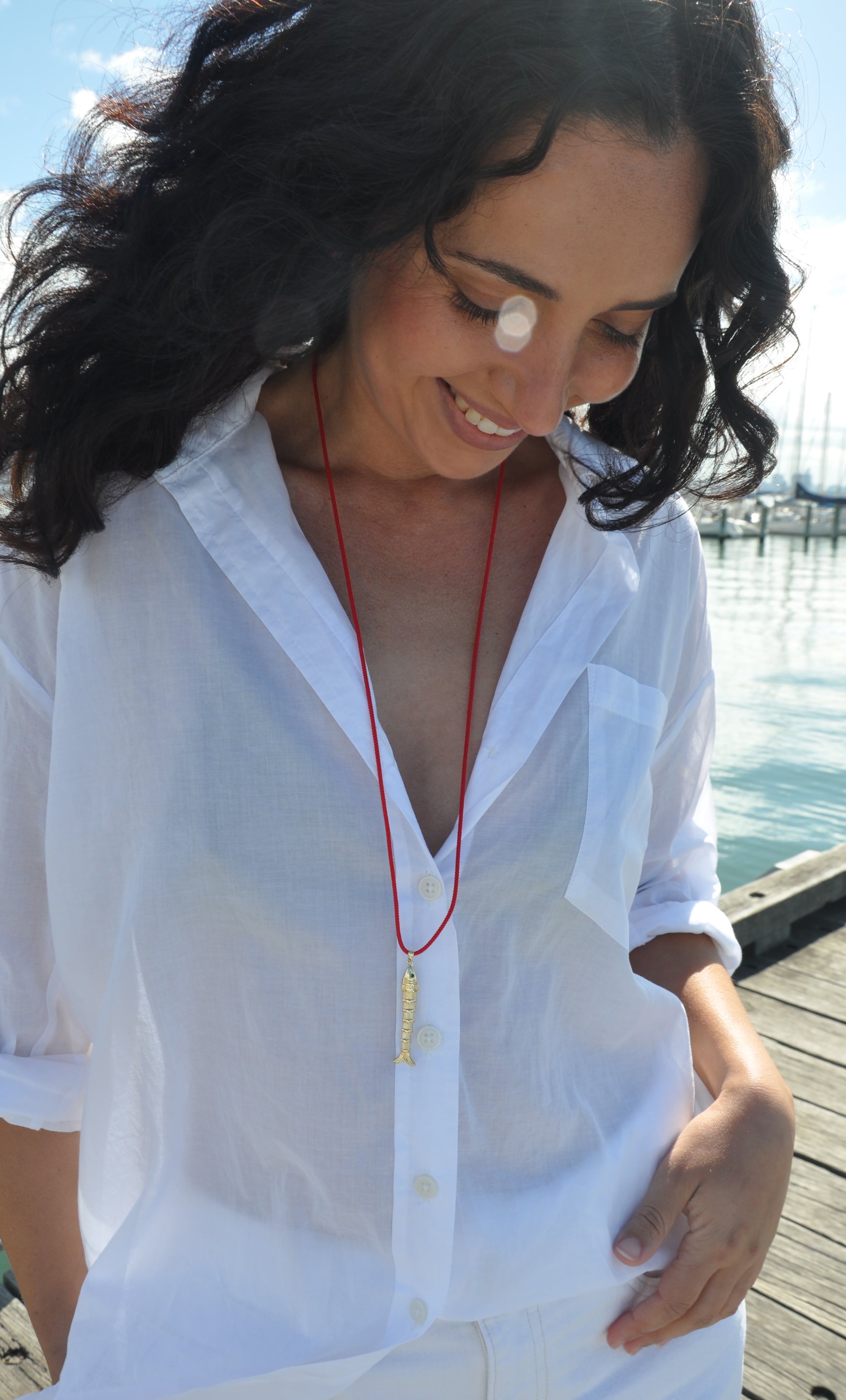 Koi fish long pendant on red Japanese cord worn with white shirt, Tunik gold fill necklace jewelry gifts.