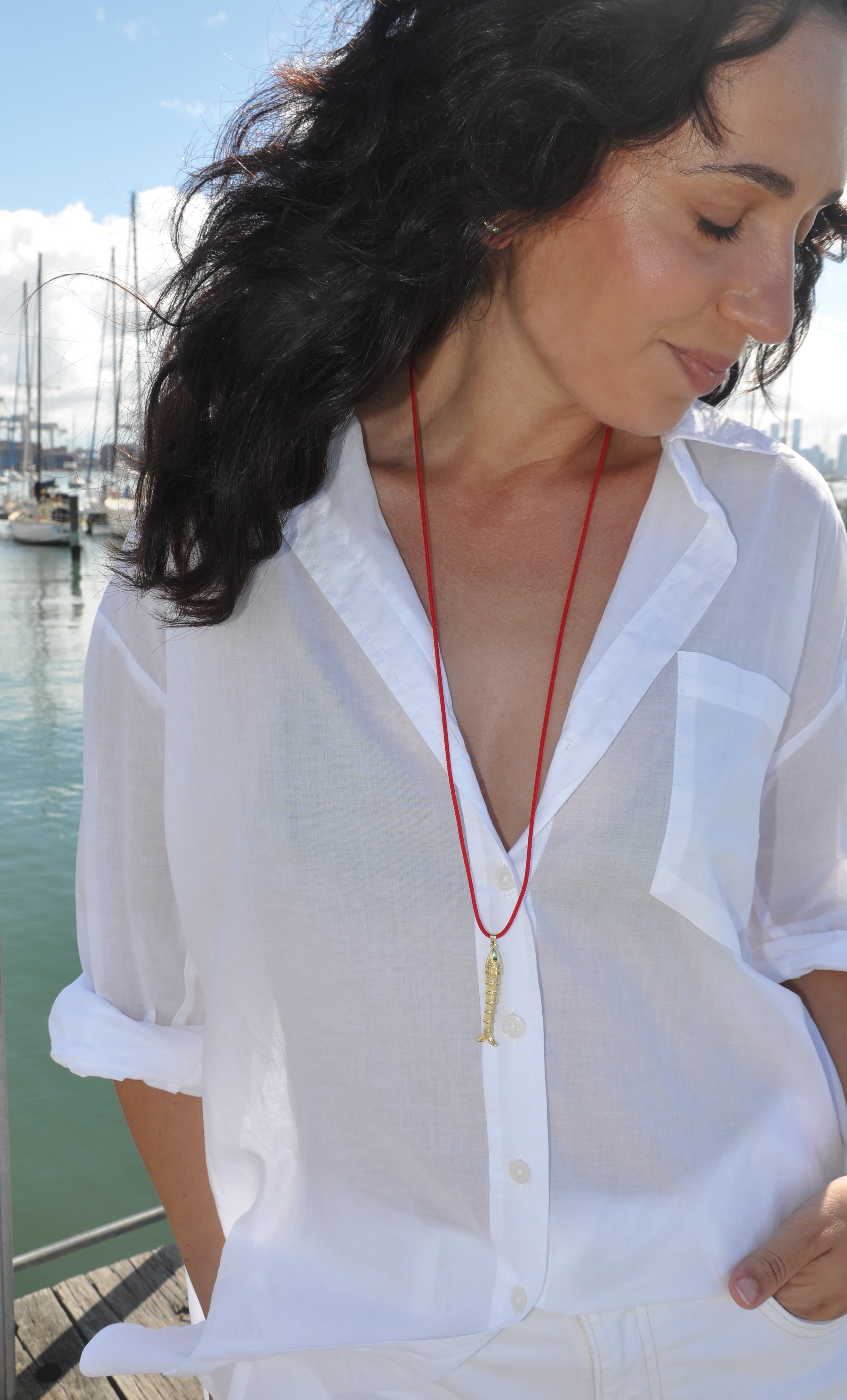 Gold-fill koi fish pendant on red Japanese cord necklace by Tunik the Label, stylish jewellery gift.