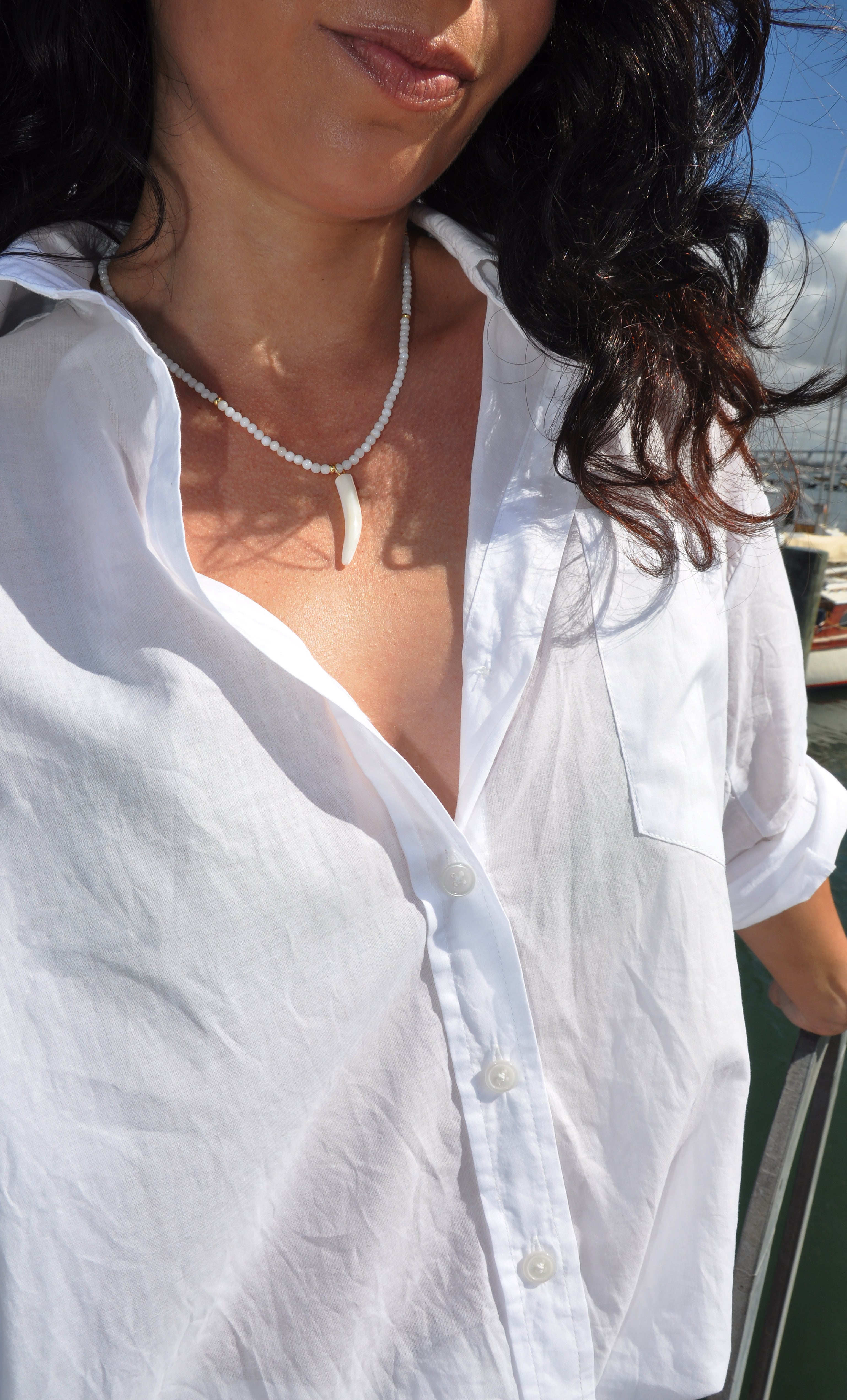 Mother of Pearl Carved Horn Charm Hand Beaded Necklace | Tunik