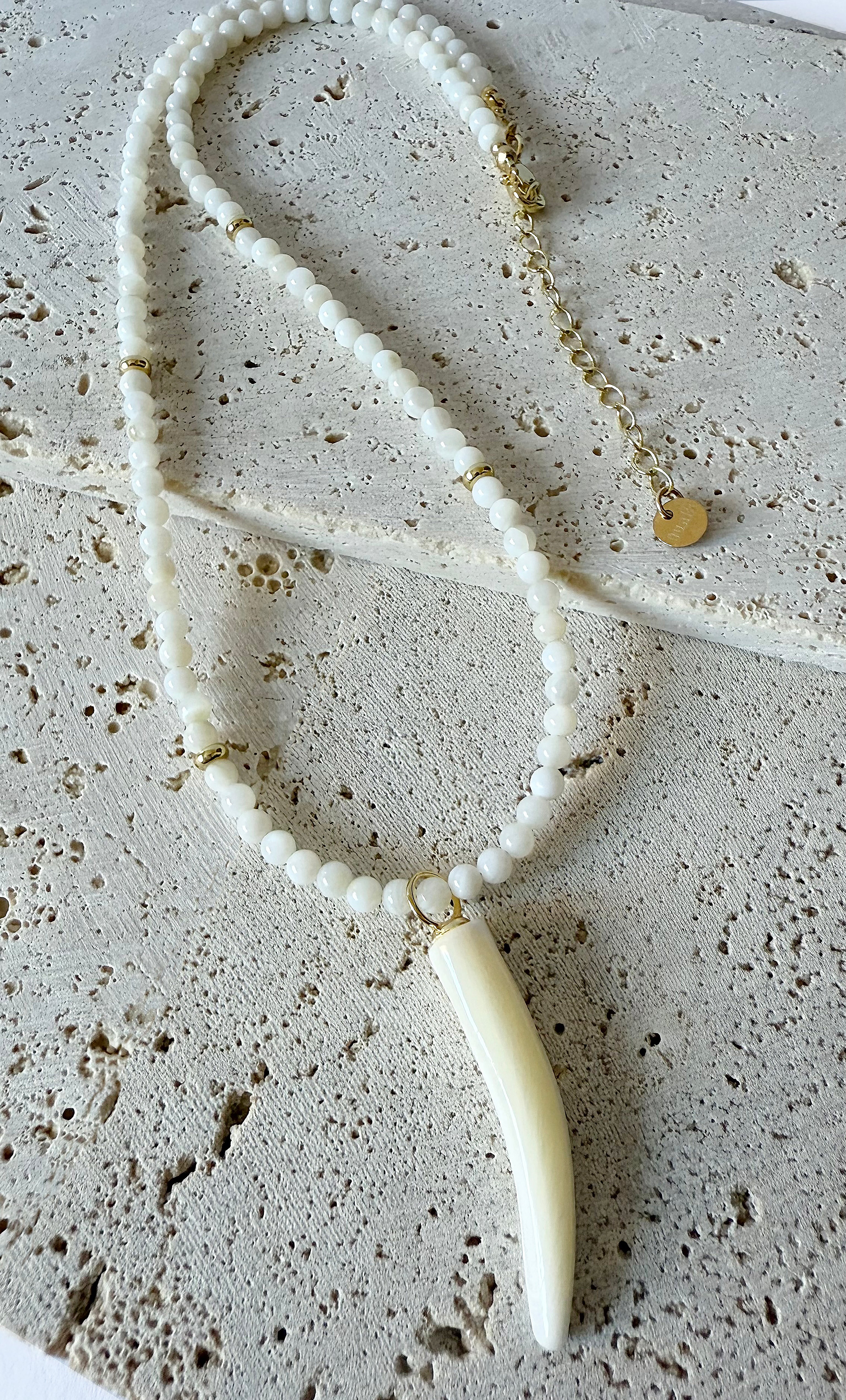 Mother of Pearl Carved Horn Charm Hand Beaded Necklace | Tunik