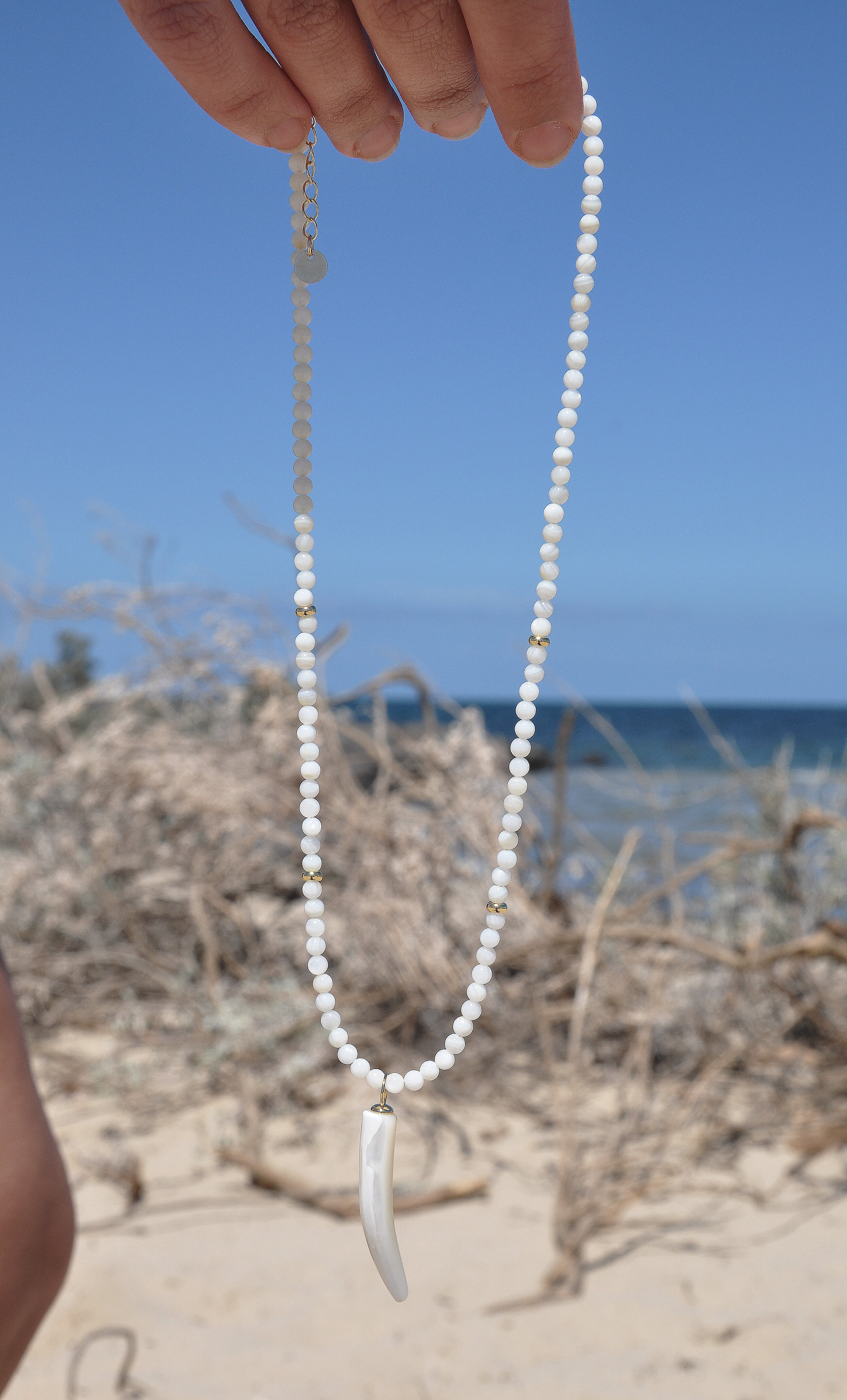 Mother of Pearl Carved Horn Charm Hand Beaded Necklace | Tunik