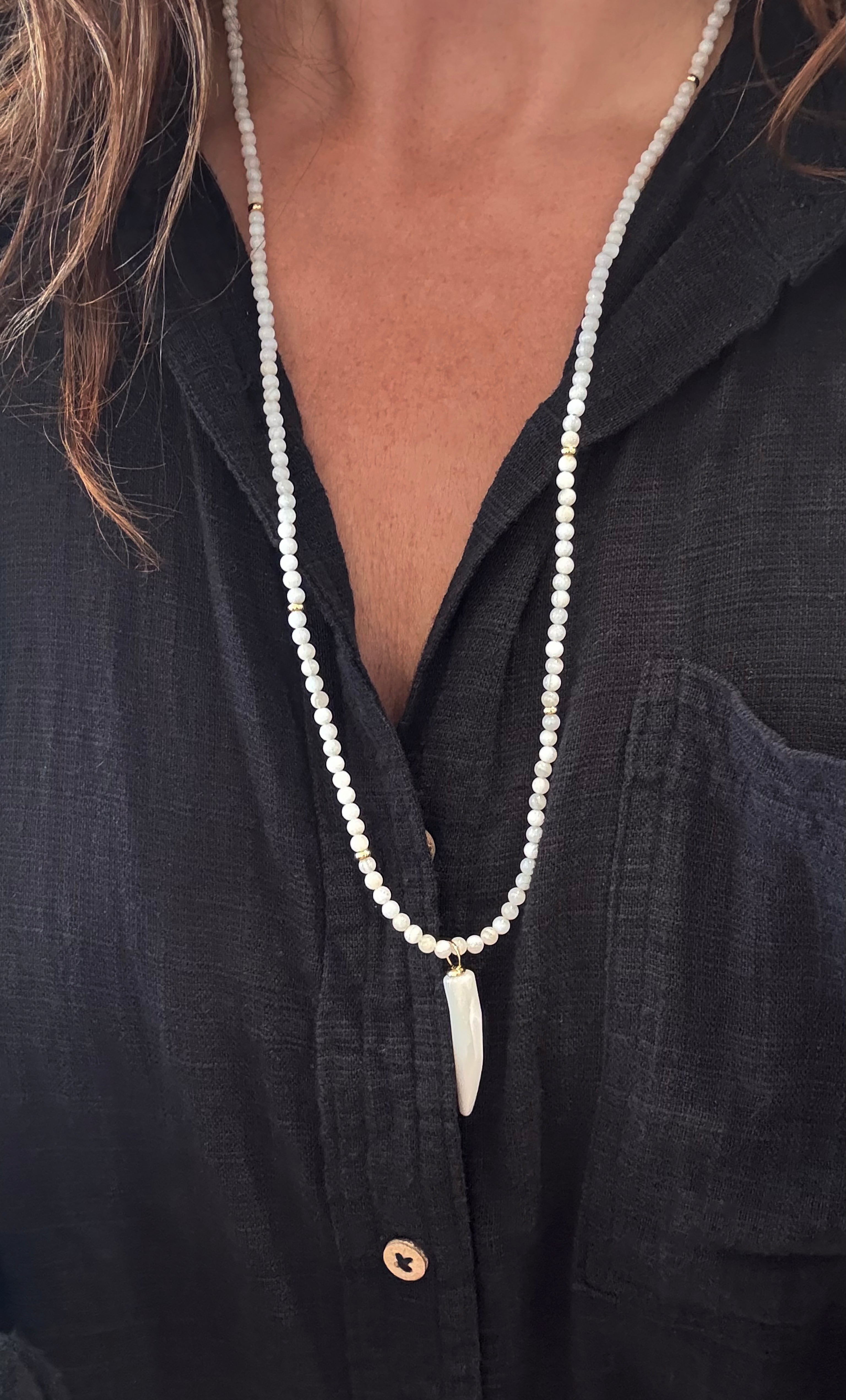 Mother of Pearl Carved Horn Charm Hand Beaded Necklace | Tunik