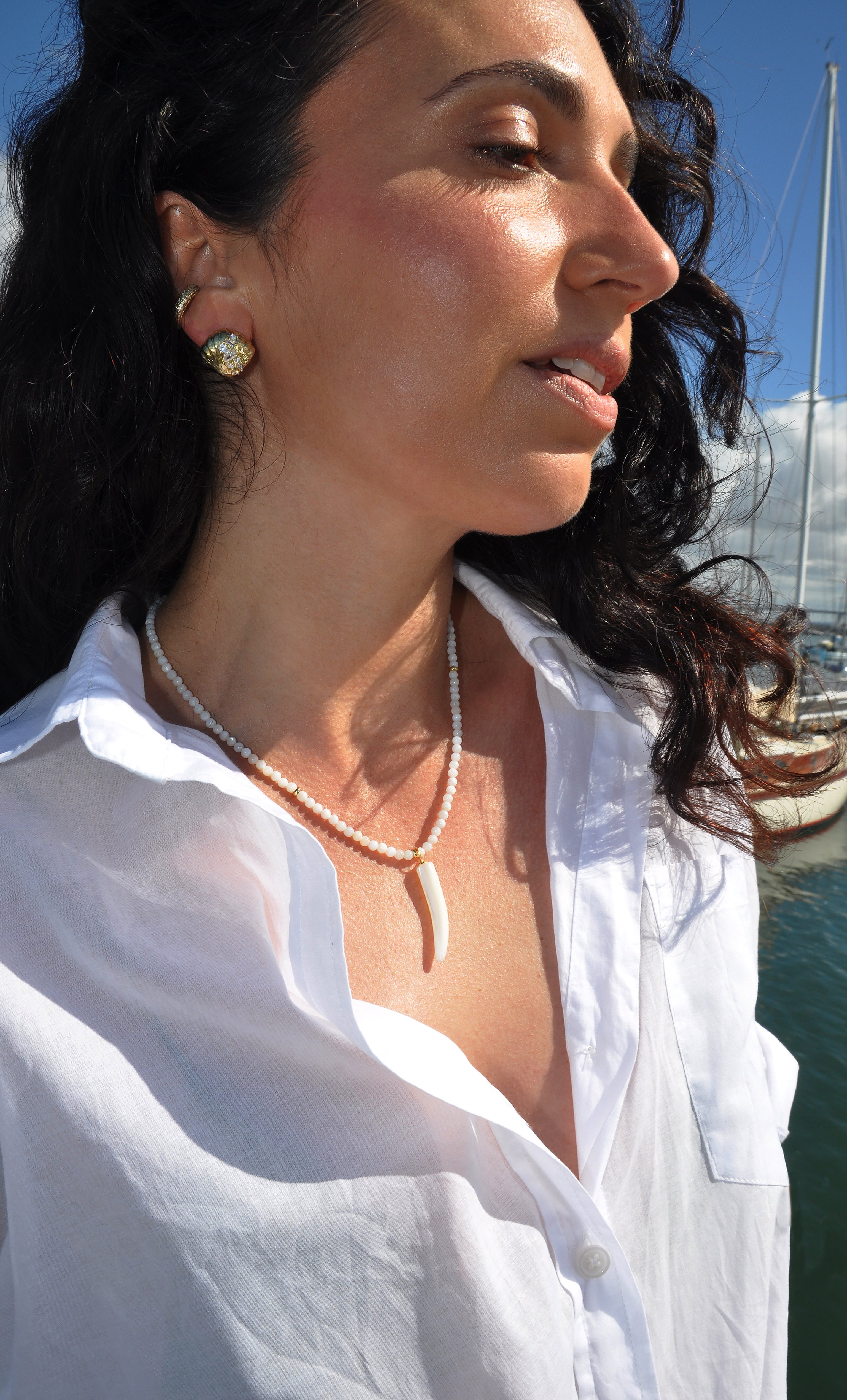 Mother of Pearl Carved Horn Charm Hand Beaded Necklace | Tunik