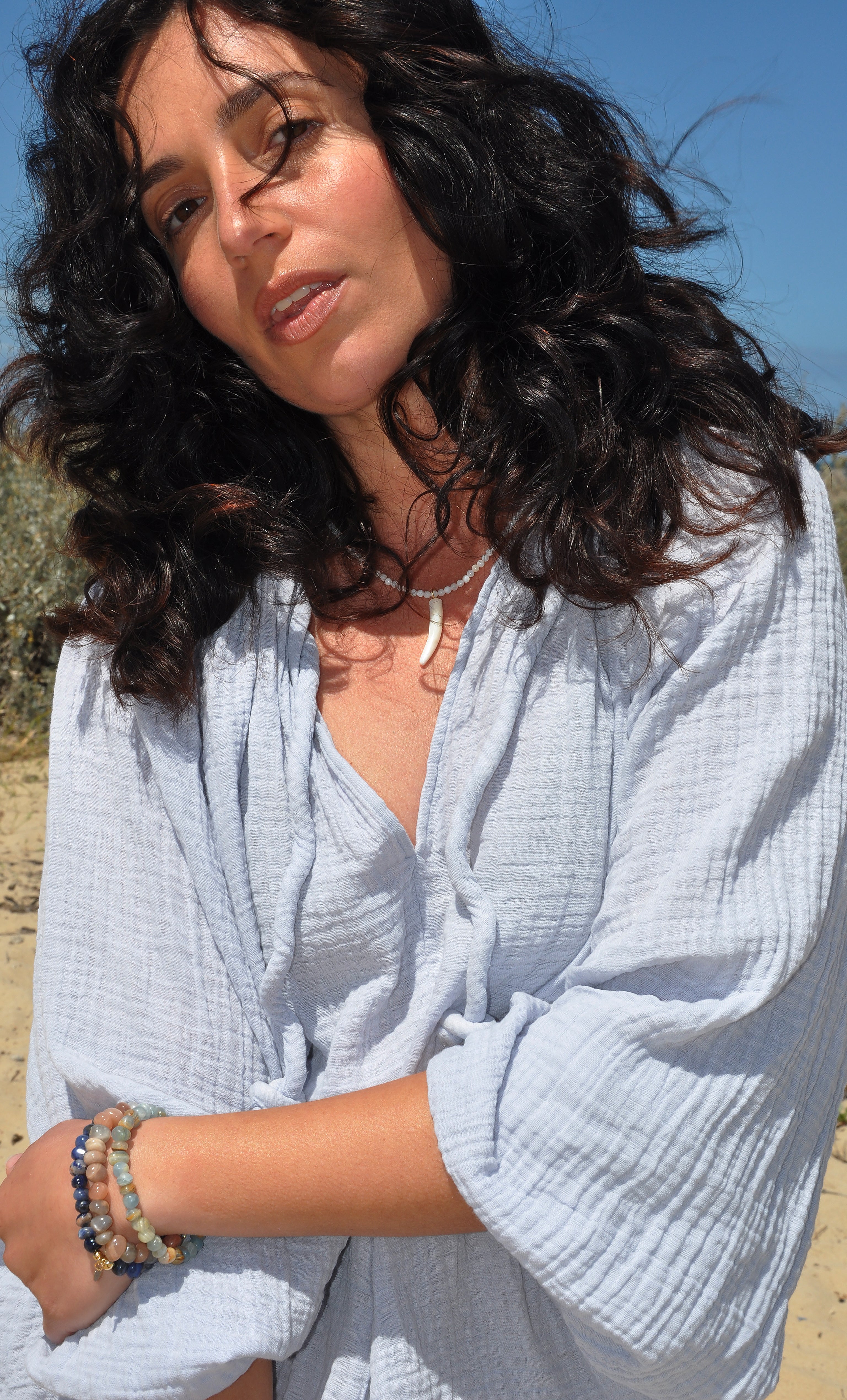 Mother of Pearl Carved Horn Charm Hand Beaded Necklace | Tunik