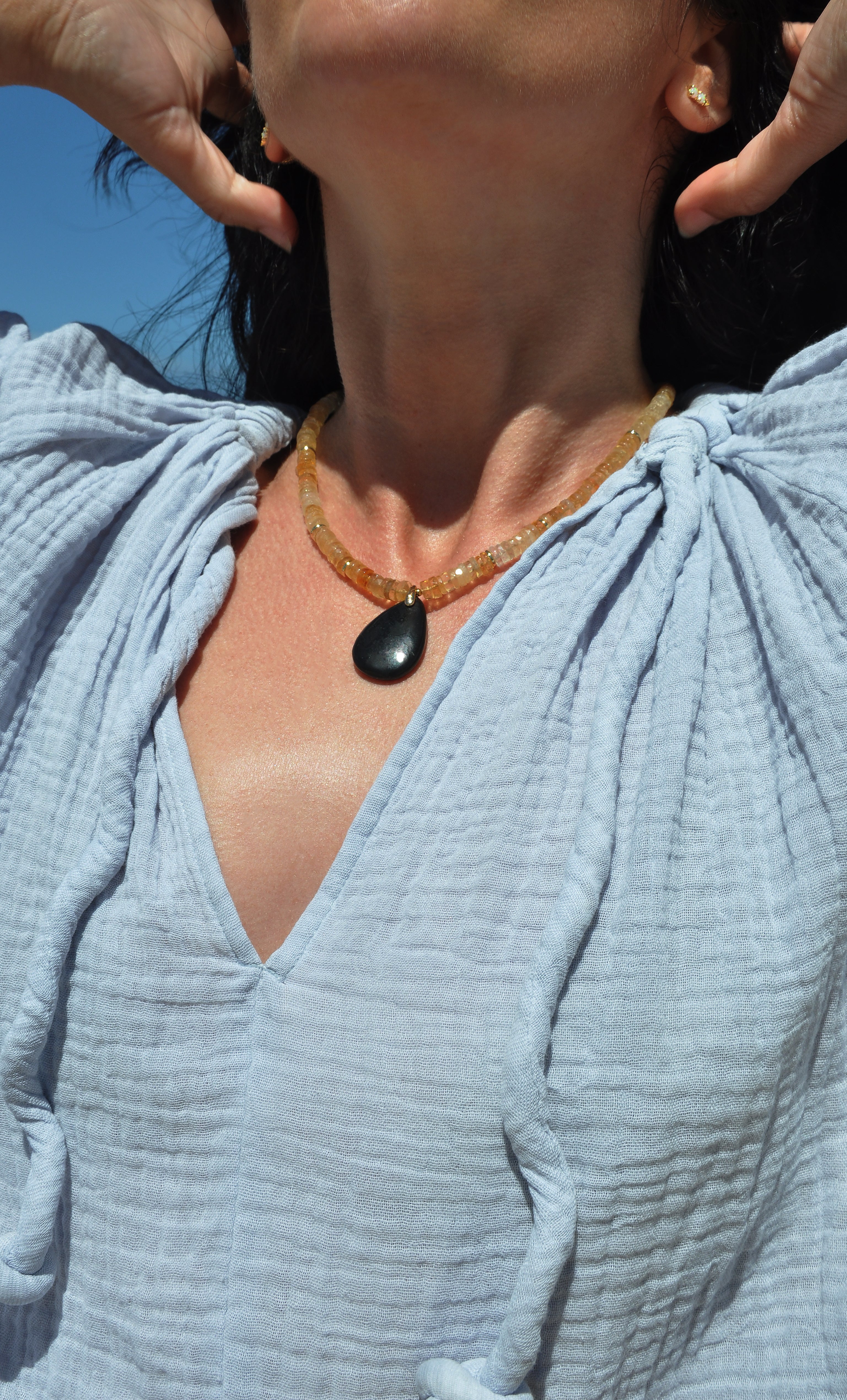 Nomade Amulet Natural Citrine Heishi Bead Necklace with Natural Shungite Carved Pendant | Tunik