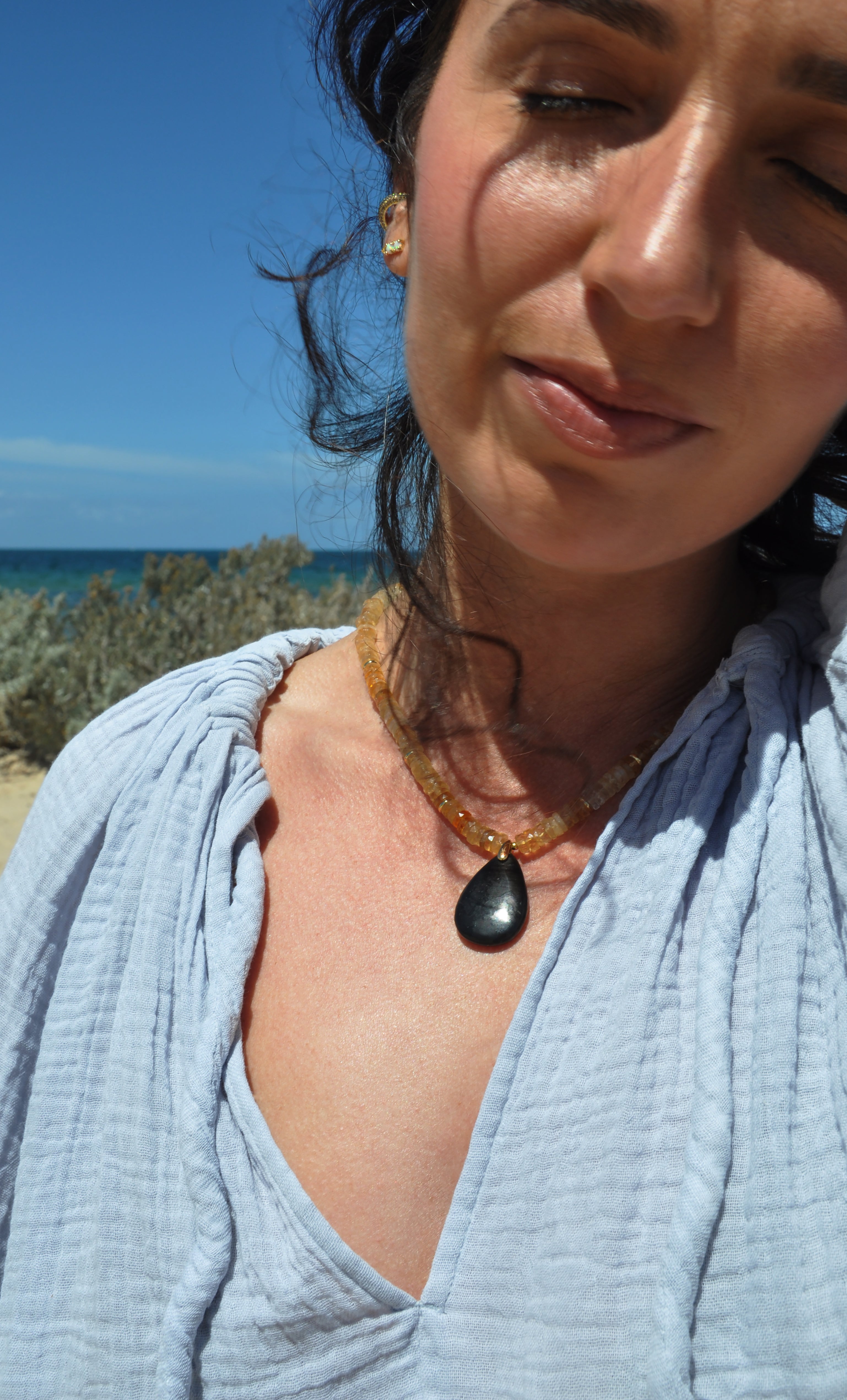 Nomade Amulet Natural Citrine Heishi Bead Necklace with Natural Shungite Carved Pendant | Tunik