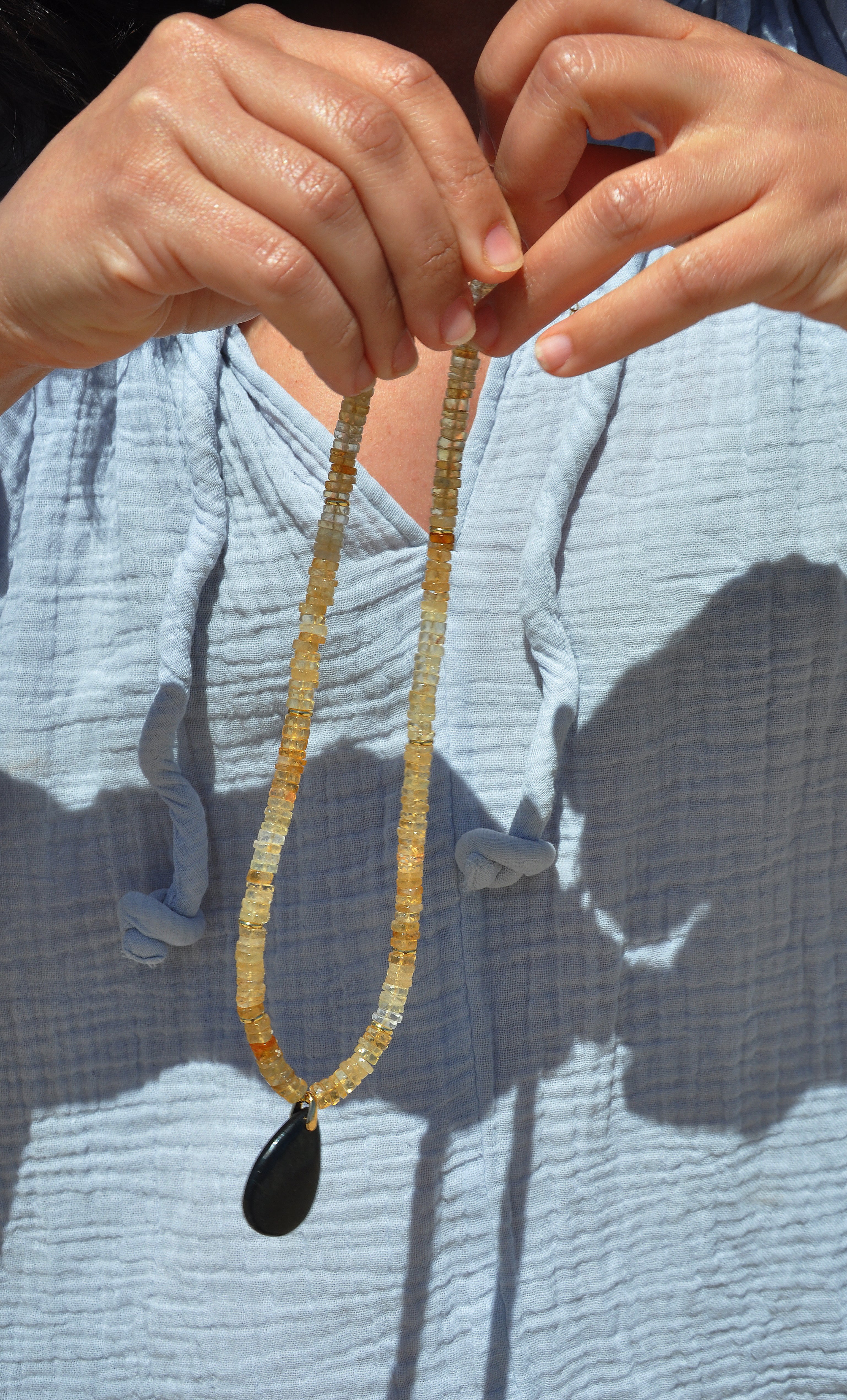 Nomade Amulet Natural Citrine Heishi Bead Necklace with Natural Shungite Carved Pendant | Tunik