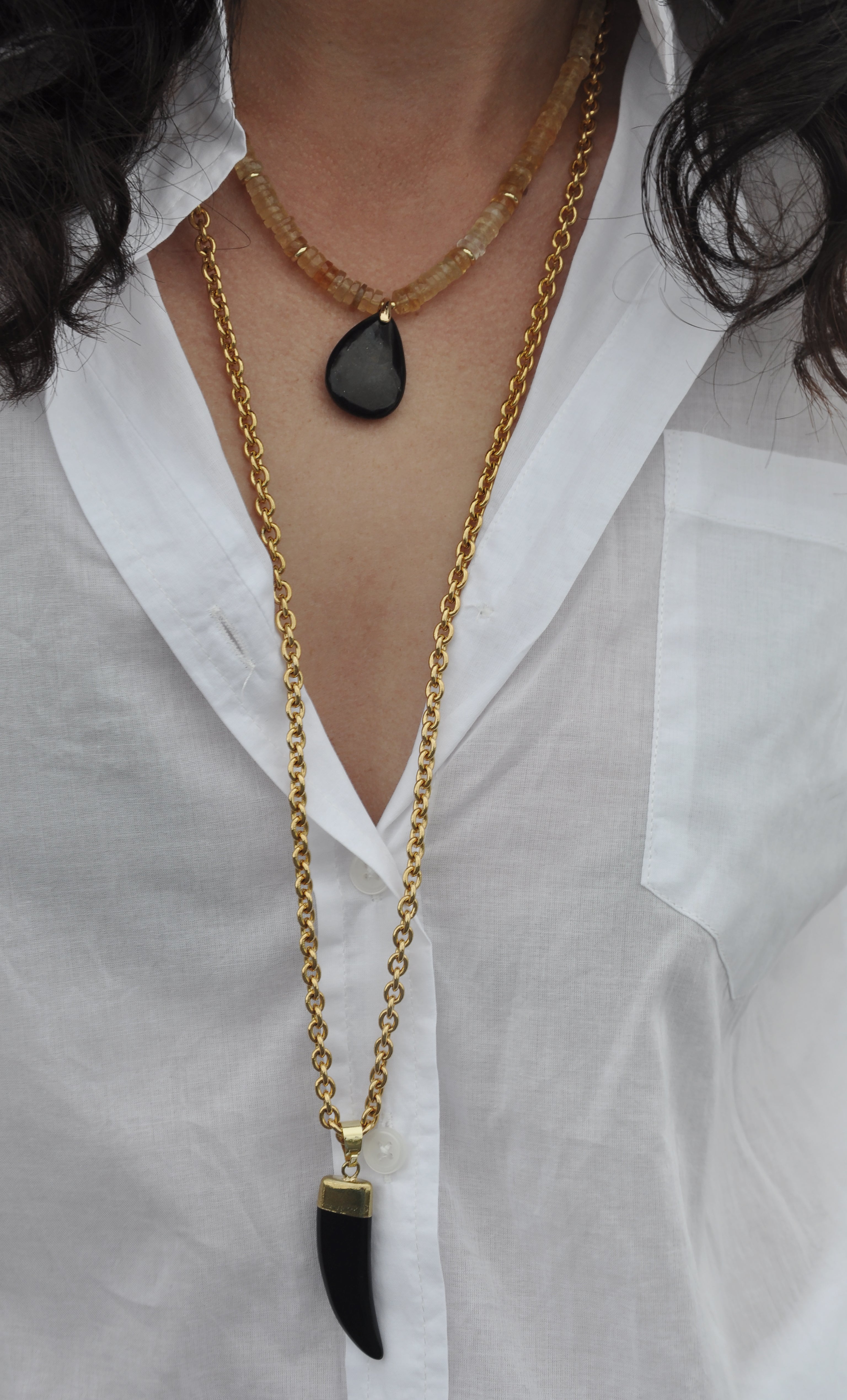 Tunik gold fill necklace with carved agate horn pendant, layered jewelry gift options.