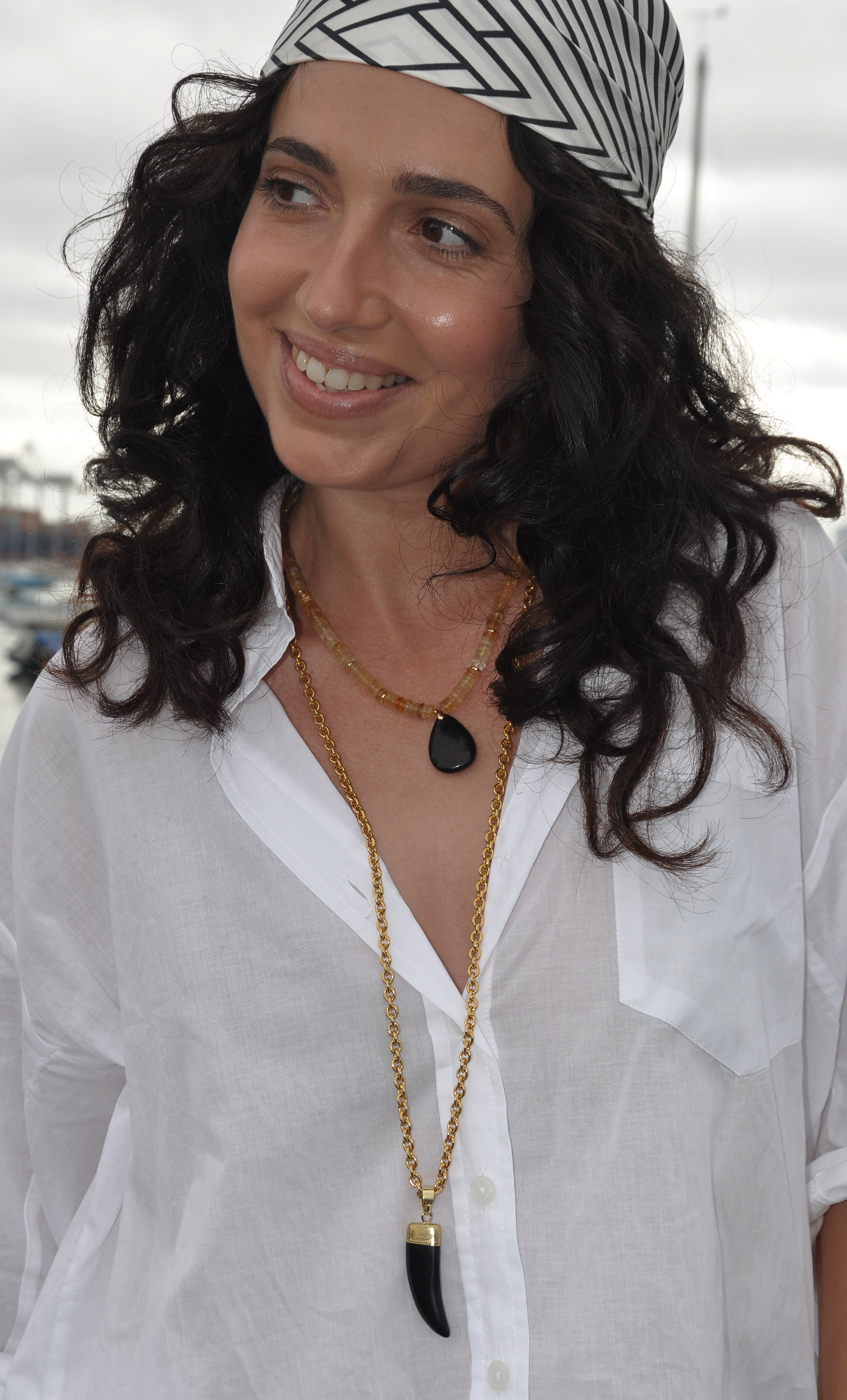 Tunik gold fill necklace with carved agate horn pendant in long and short layers, jewellery gifts.