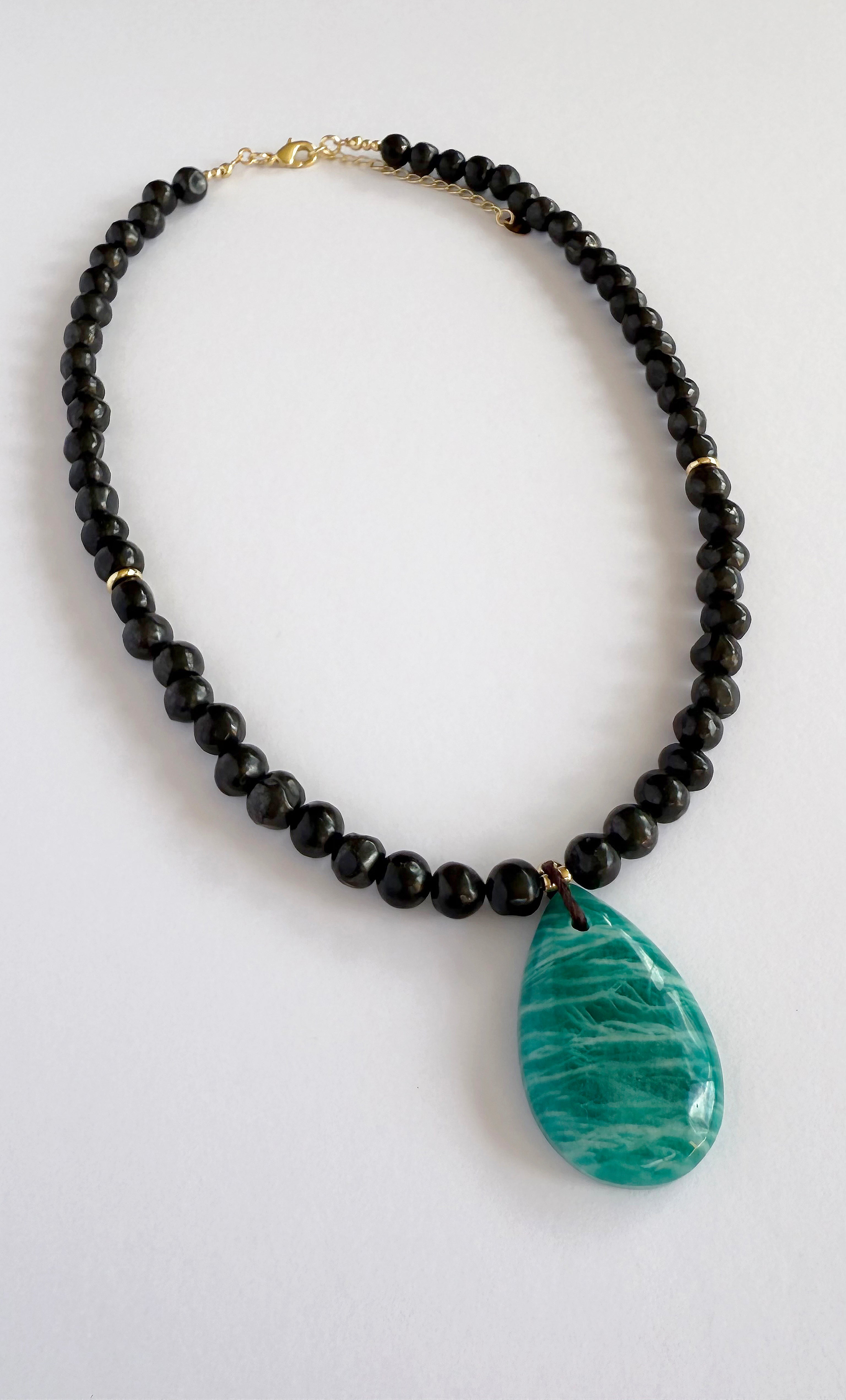 Tunik gold fill necklace with black shungite beads and natural amazonite pendant, jewellery gifts.