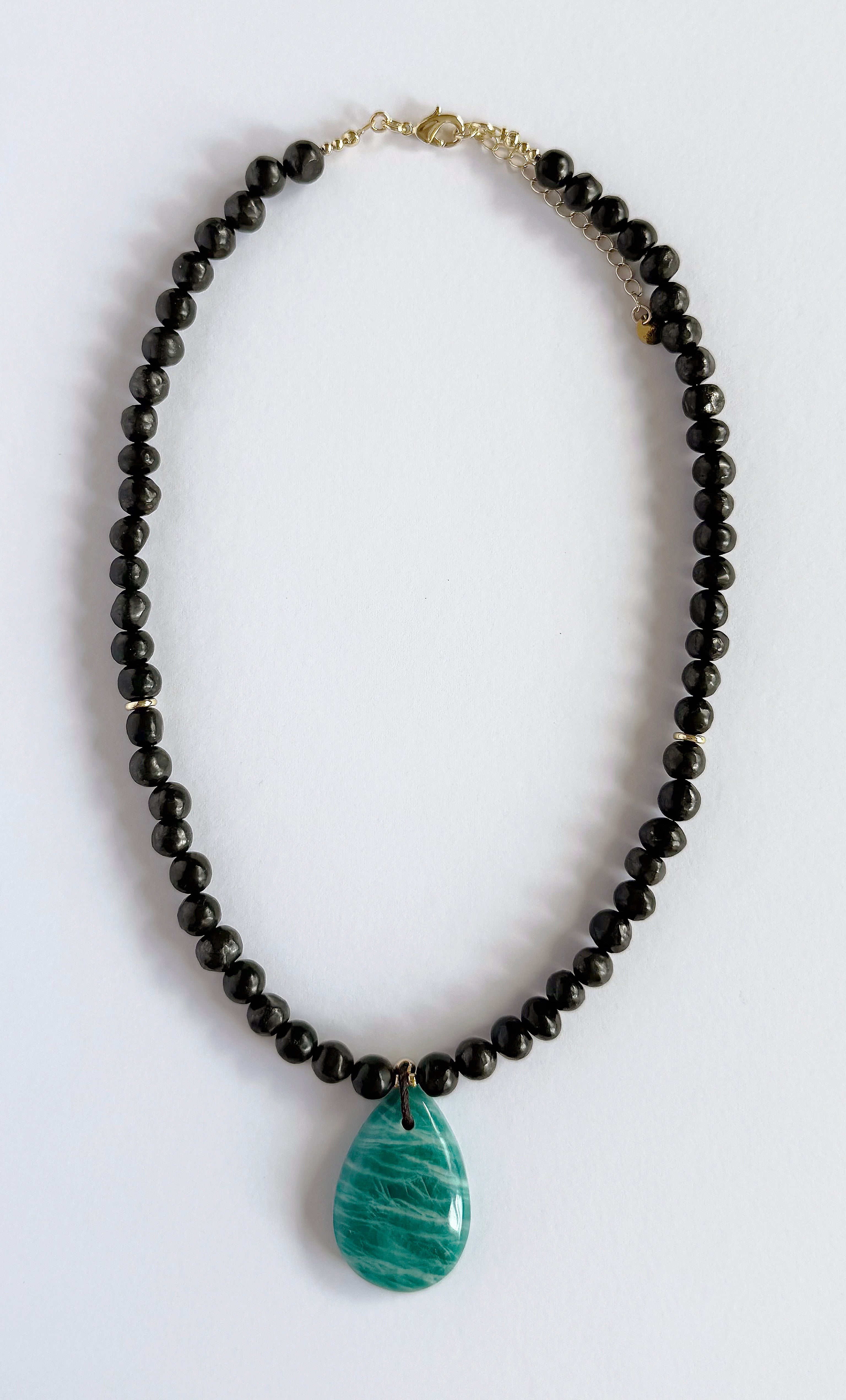 Tunik jewellery gold fill necklace with natural shungite beads and amazonite pendant.