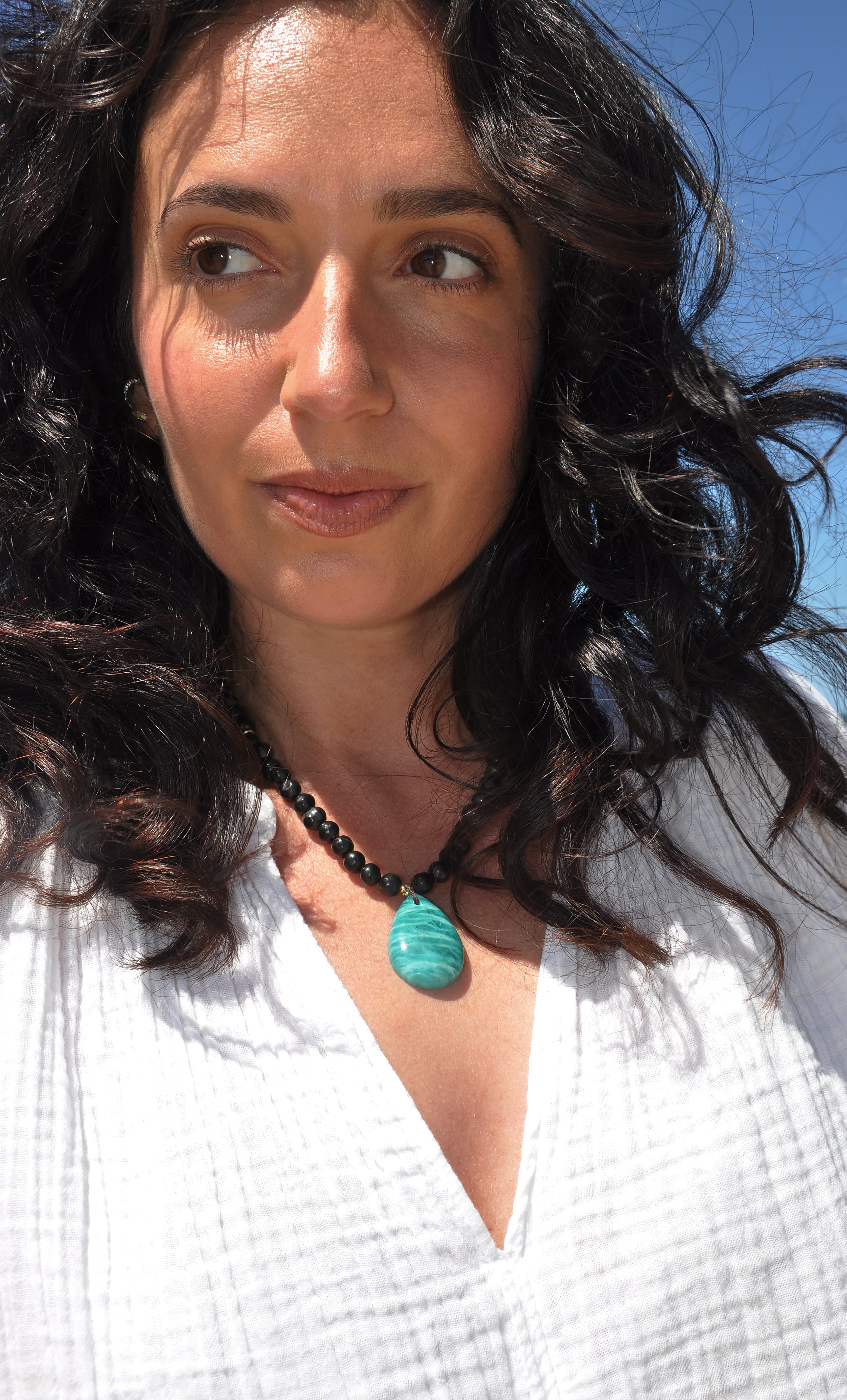 Nomade Amulet Natural Shungite Pebble Bead Necklace with AAA Natural Amazonite Pendant Handmade | Tunik