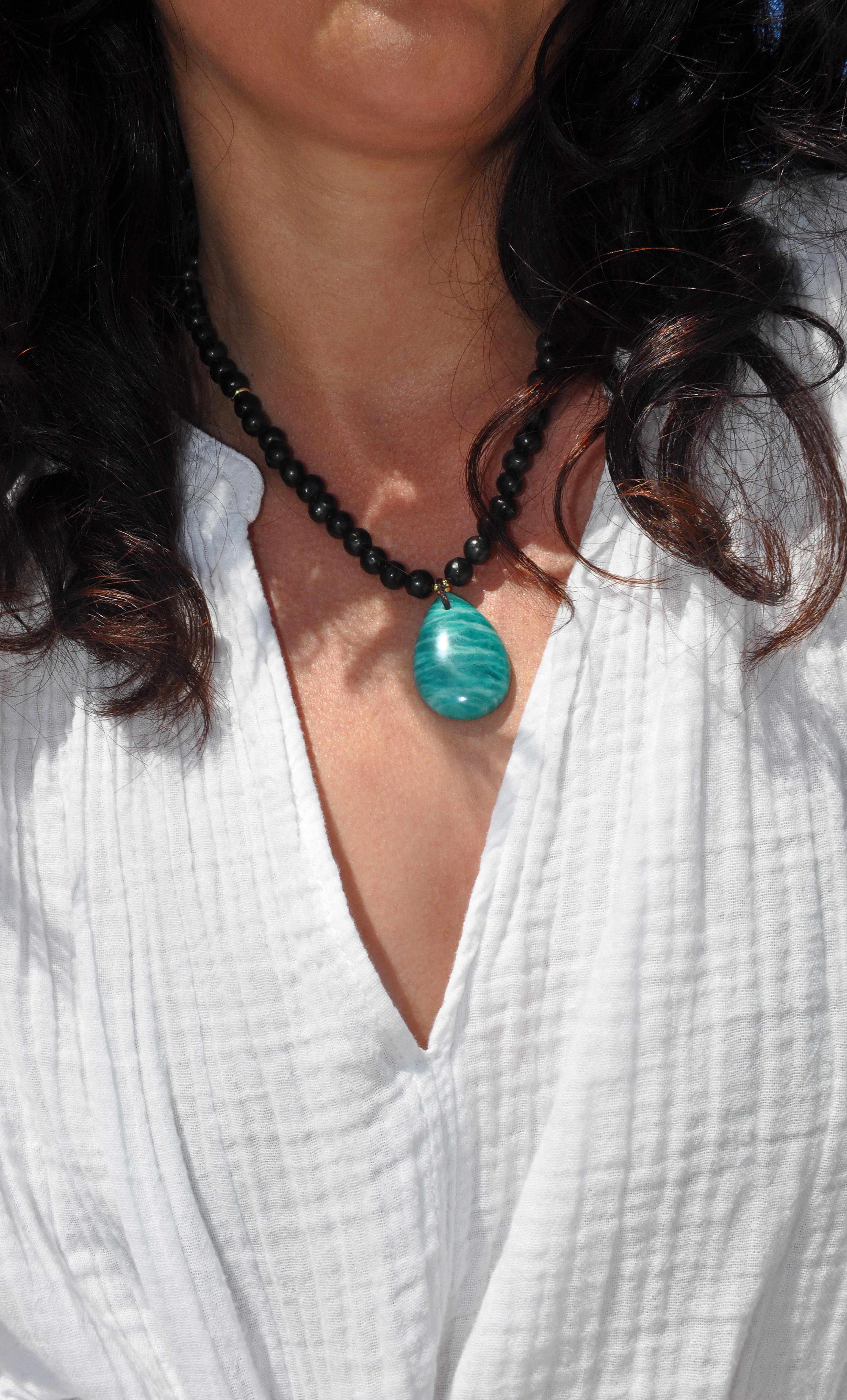Tunik gold fill necklace with natural shungite pebble beads and green amazonite pendant, jewellery gift.