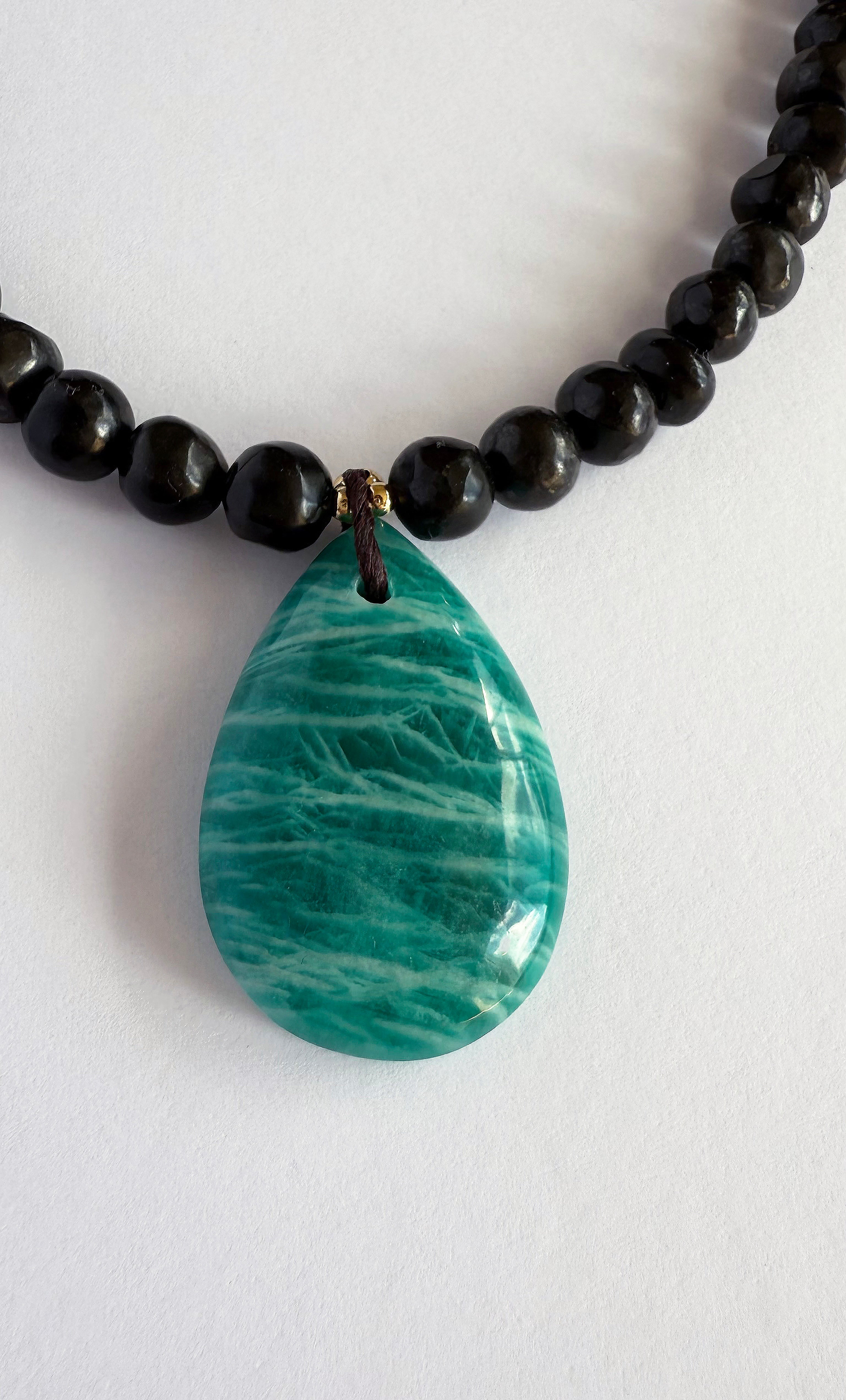 Tunik jewellery gold fill necklace with natural shungite pebble beads and amazonite pendant.