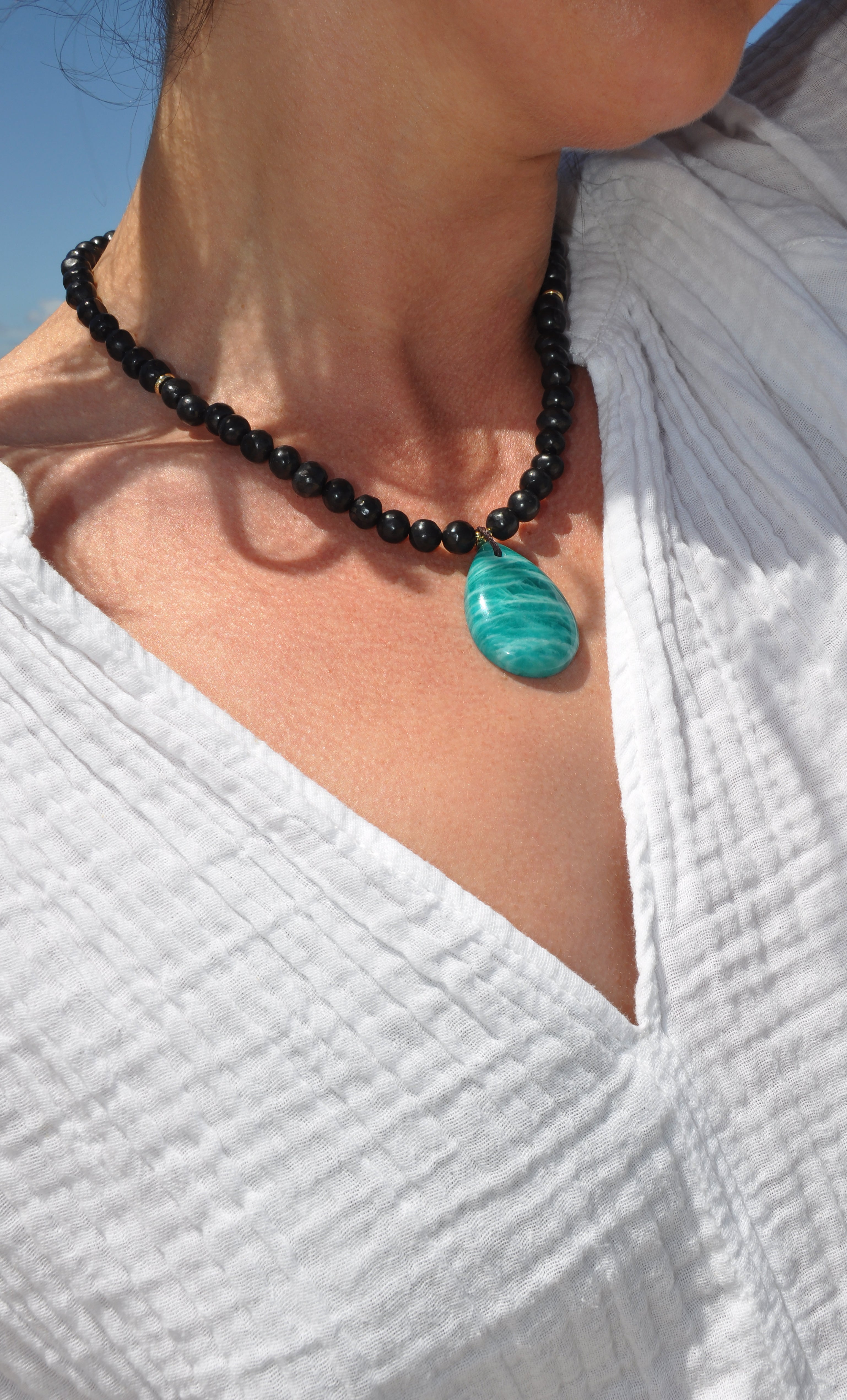 Tunik gold fill necklace with natural black shungite beads and vibrant blue amazonite pendant, jewellery gift.
