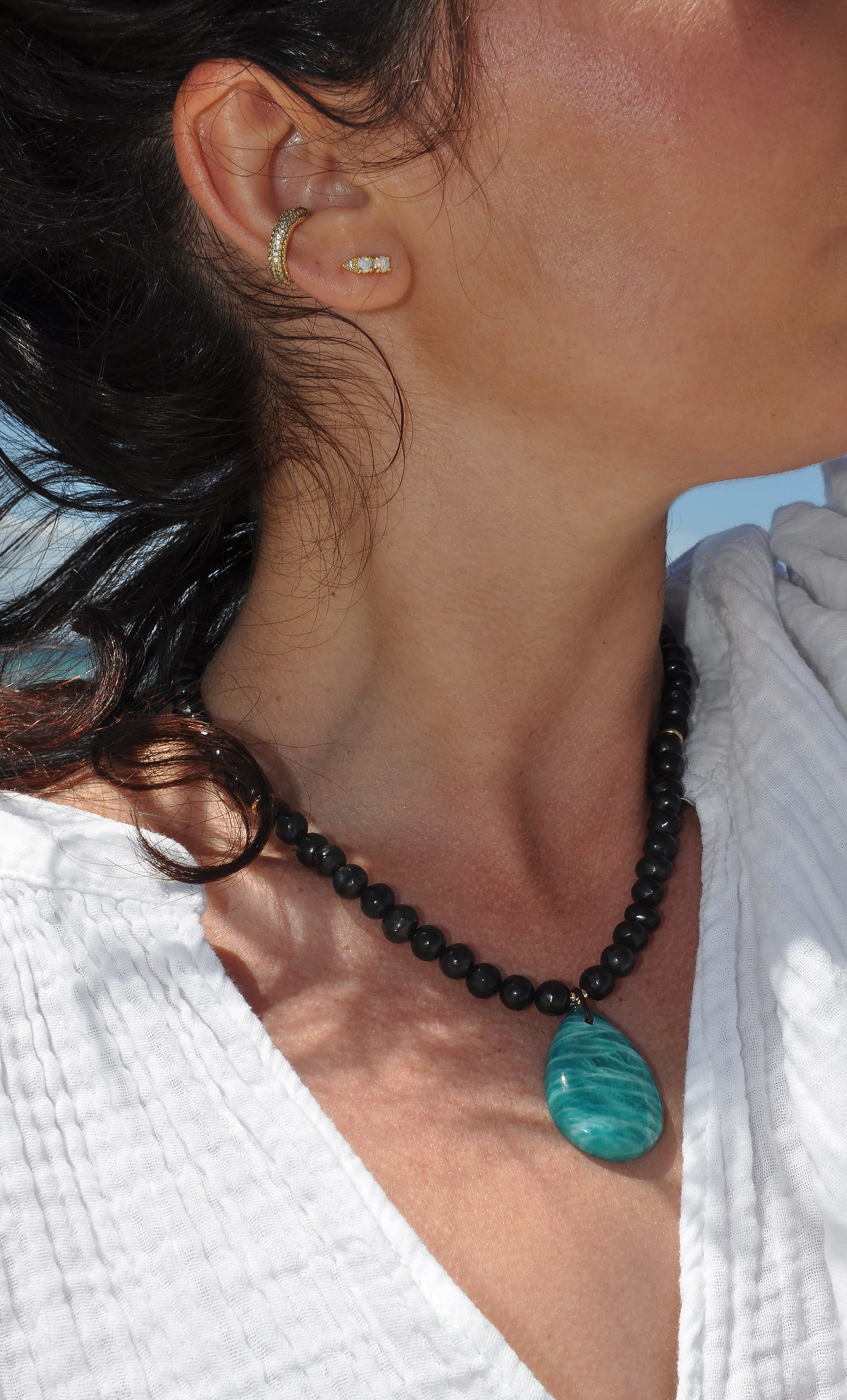 Tunik gold fill necklace with natural shungite beads and AAA amazonite pendant, jewellery gifts.