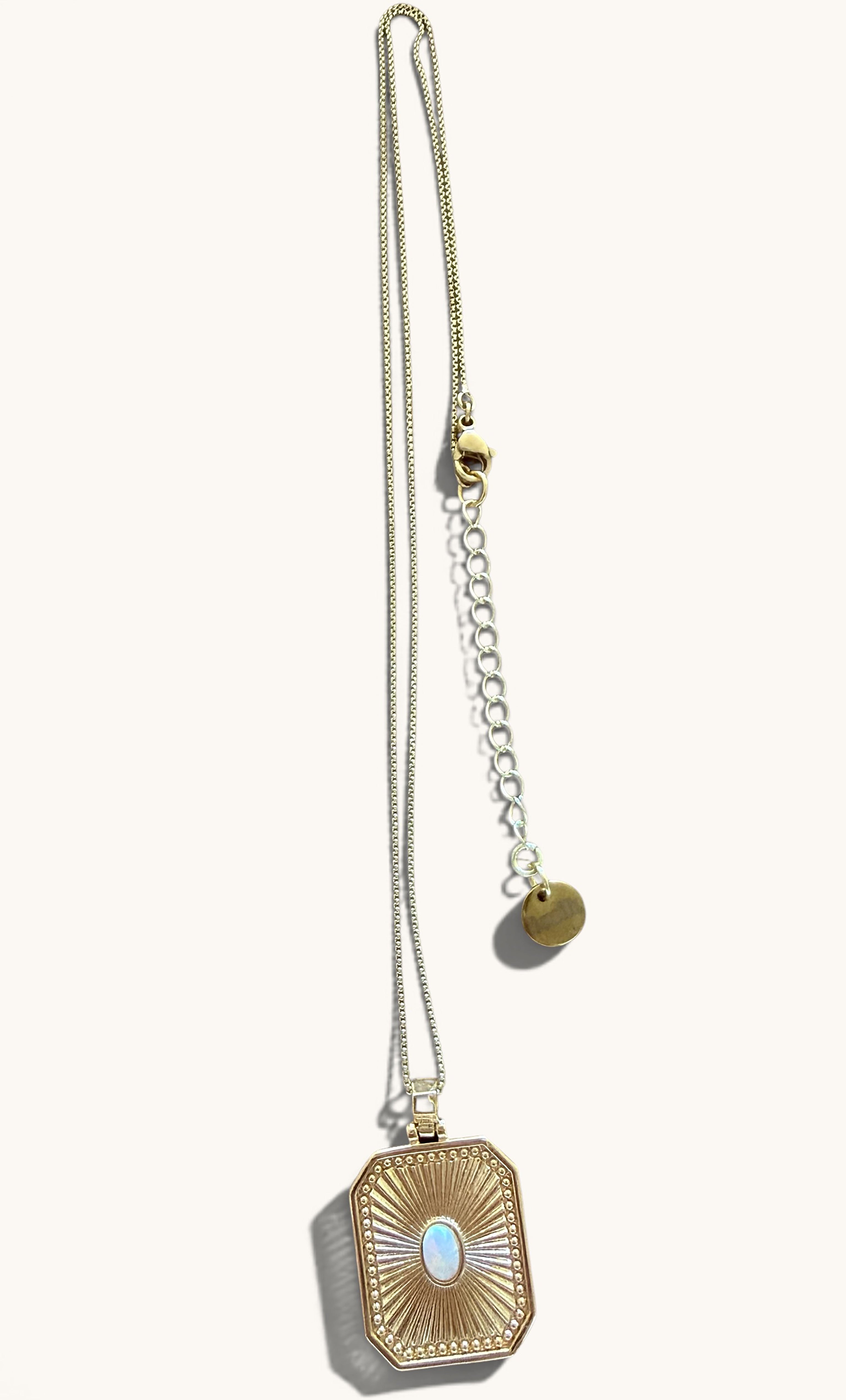 24k gold fill necklace with square opal stone talisman pendant and adjustable chain by Tunik.