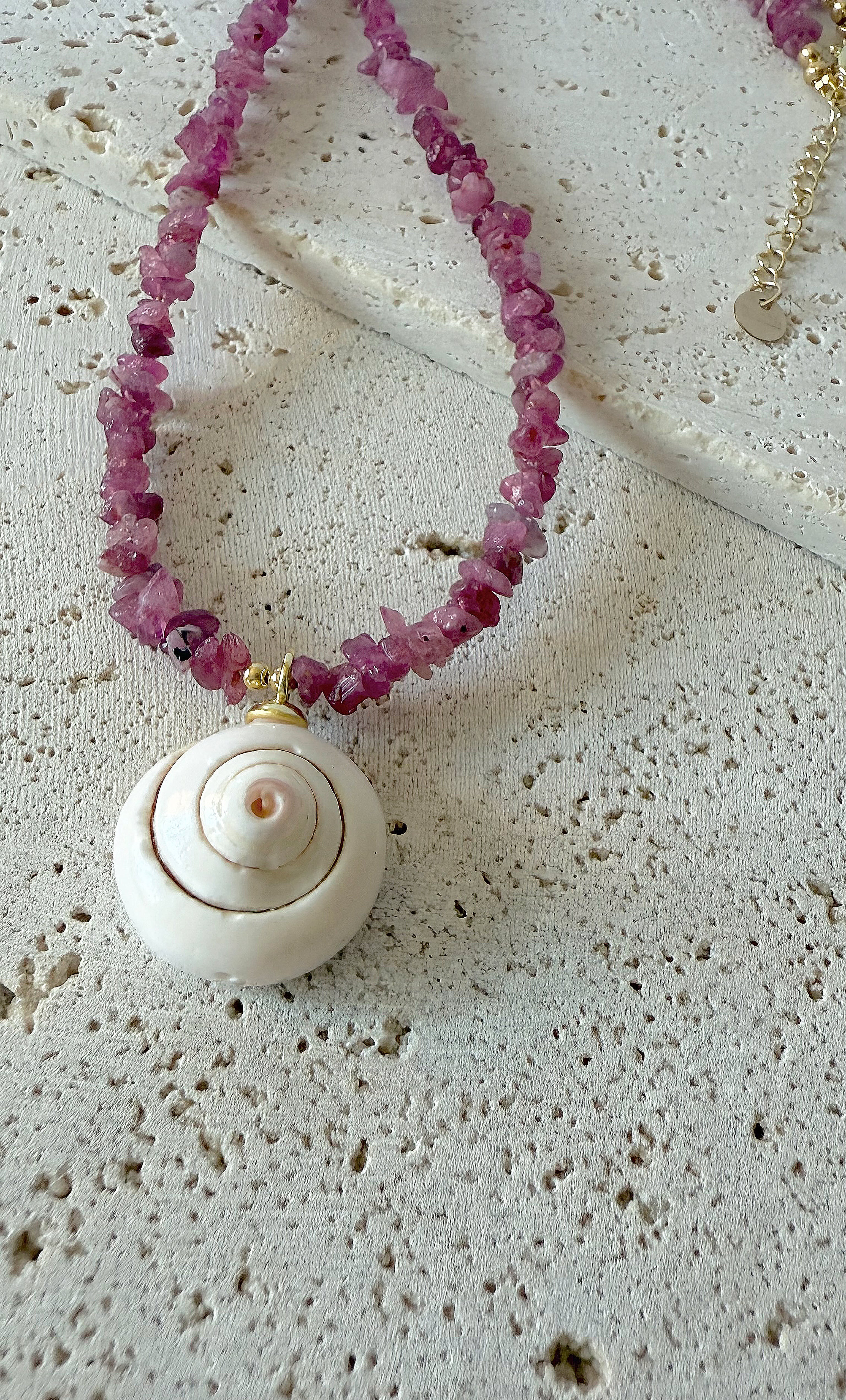 Shell Charm Pink Tourmaline Stone Hand Beaded Necklace | Tunik