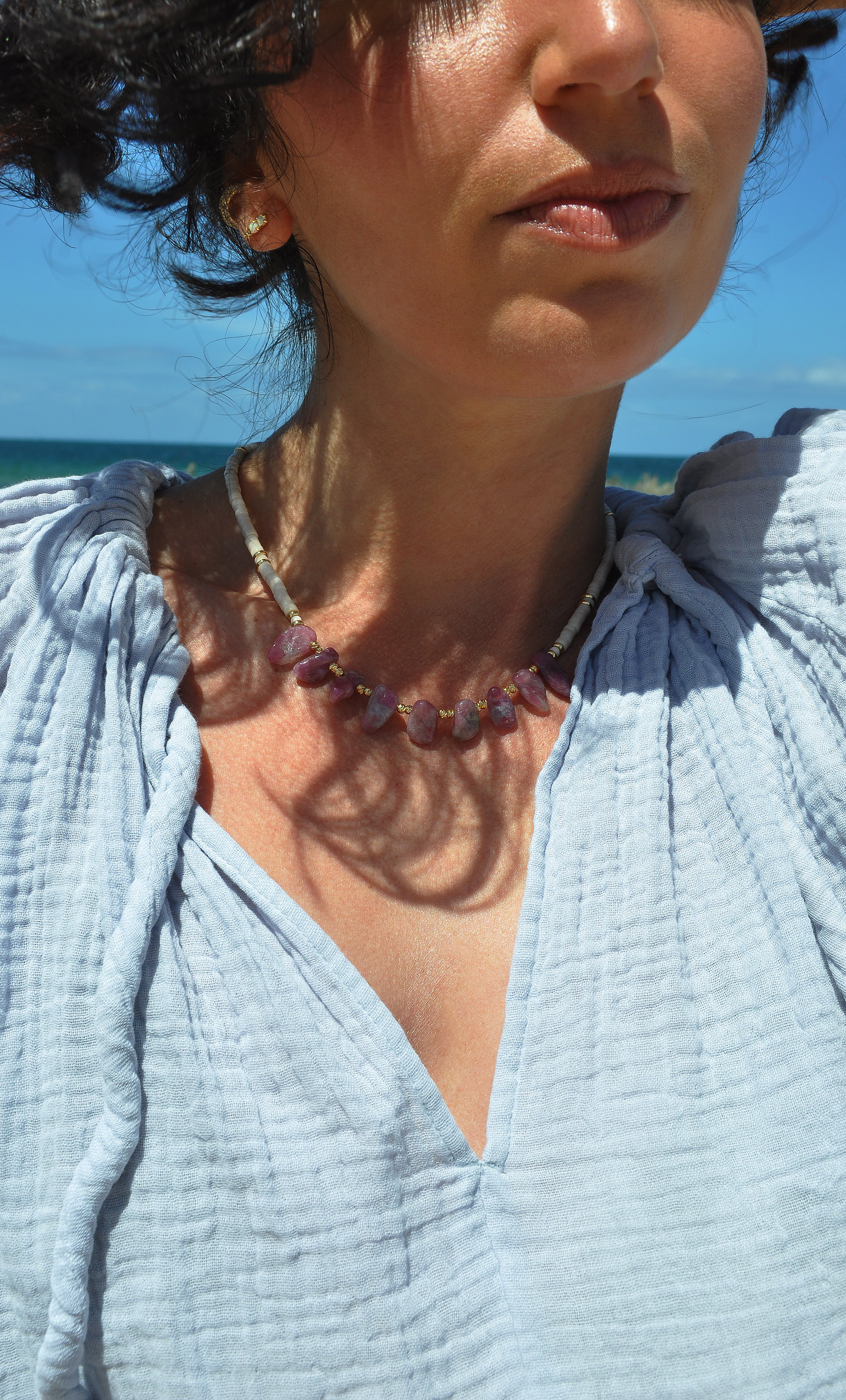 Spirit Pink Tourmaline & Ivory Jasper Stone Handmade Beaded Necklace | Tunik